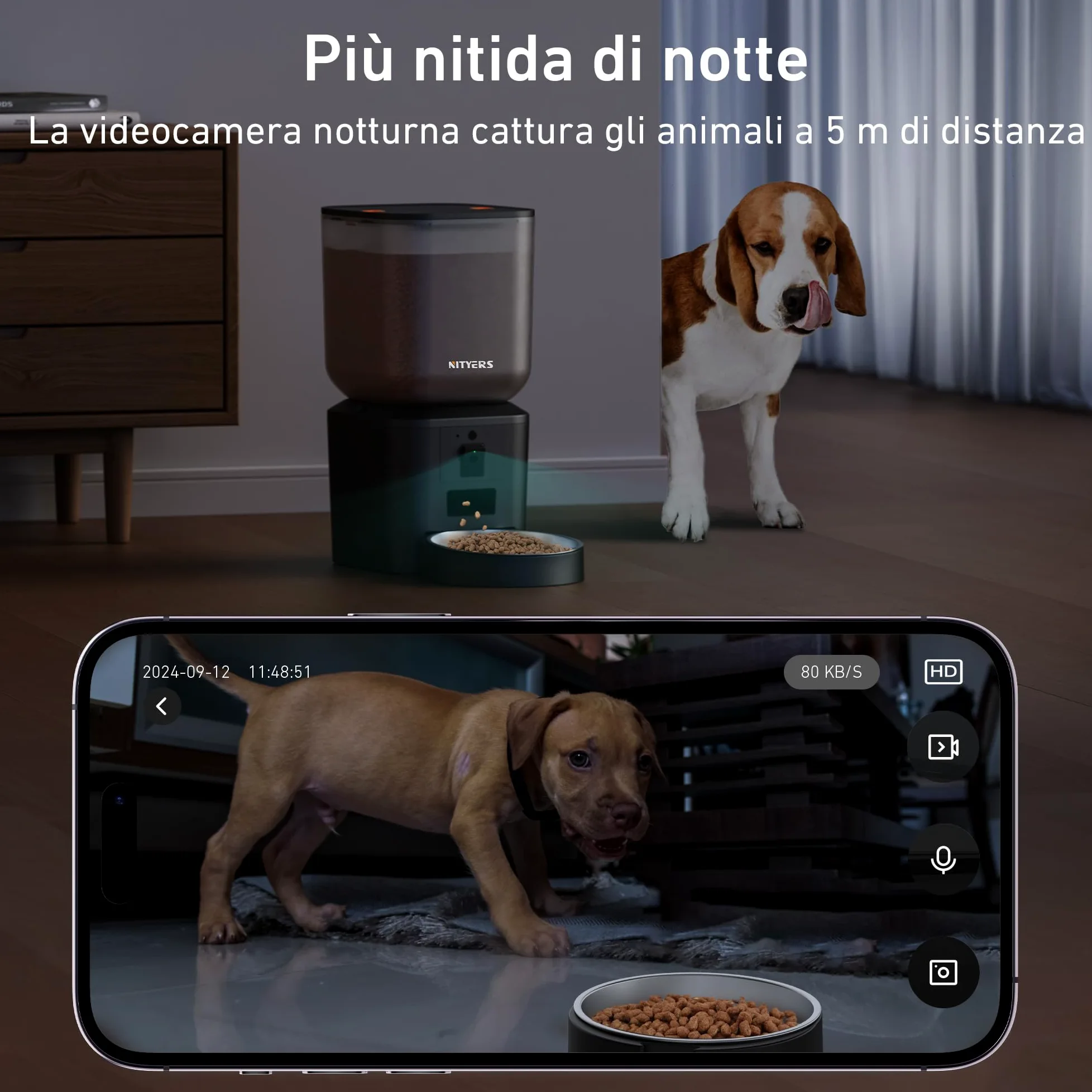 Nityers Distributore Automatico Cibo per Gatti e Cani con Telecamera 1080P e Visione Notturna, Audio Bidirezionale, WiFi 2.4/5GHz, Controllo APP, Ciotola Inox Grande