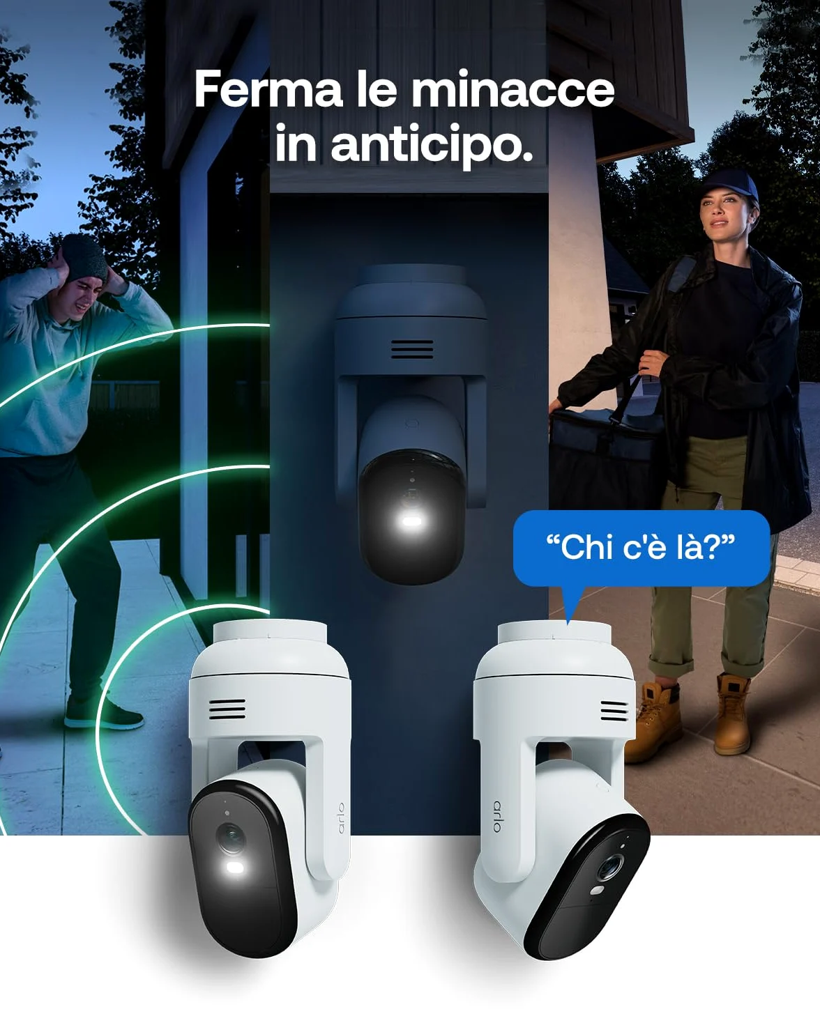 Arlo Essential 3 Telecamera HD 360º Pan-Tilt-Zoom WiFi Esterno Senza Fili, Sirena Allarme Casa, Sensore Di Movimento, Visione Notturna A Colori, Prova Inclusa Secure, 2 Telecamere, Bianche