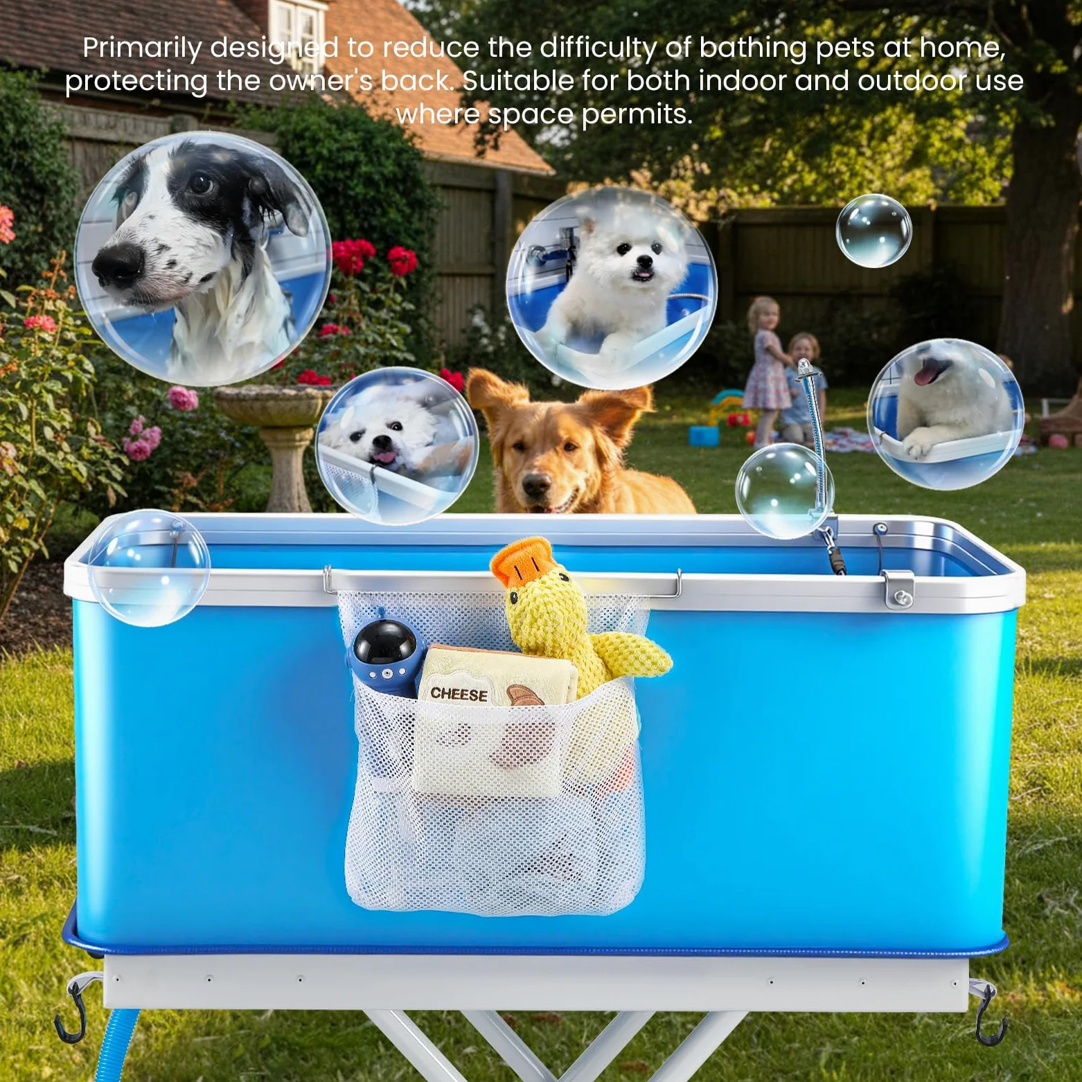 NEWTRY Grande vasca da bagno pieghevole con scarico, carico massimo 80 kg, regolabile in altezza, ruote bloccate, adatta per cani e gatti di piccola e media taglia (blu)