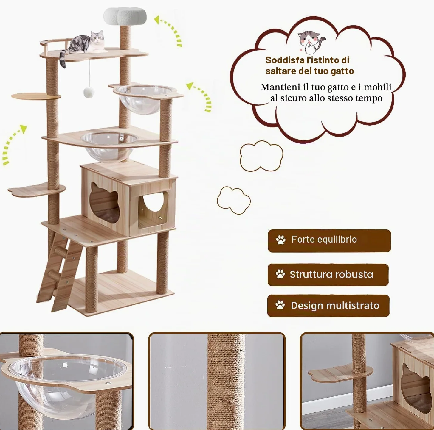 Albero per gatti da 170 cm, per interni, grande, adulto, torre con condominio, scale per gatti, 2 ciotole, 14 tiragraffi in sisal, posatoio superiore, con piattaforma imbottita, palline