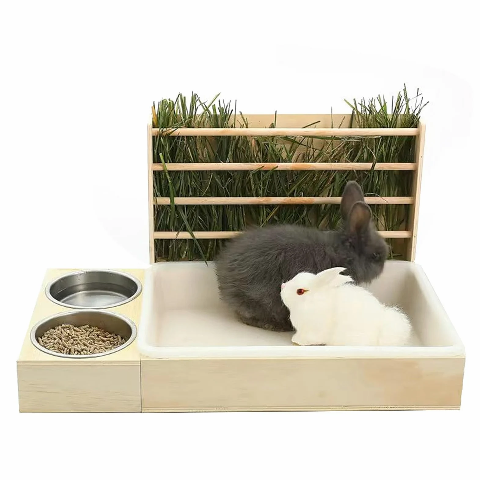 Luqeeg Mangiatoia per Fieno in Legno per Conigli, 3 in 1 Mangiatoia per Fieno per Animali Porta Cibo per Erba con Lettiera e 2 Ciotole per Porcellini D'india, Cincillà