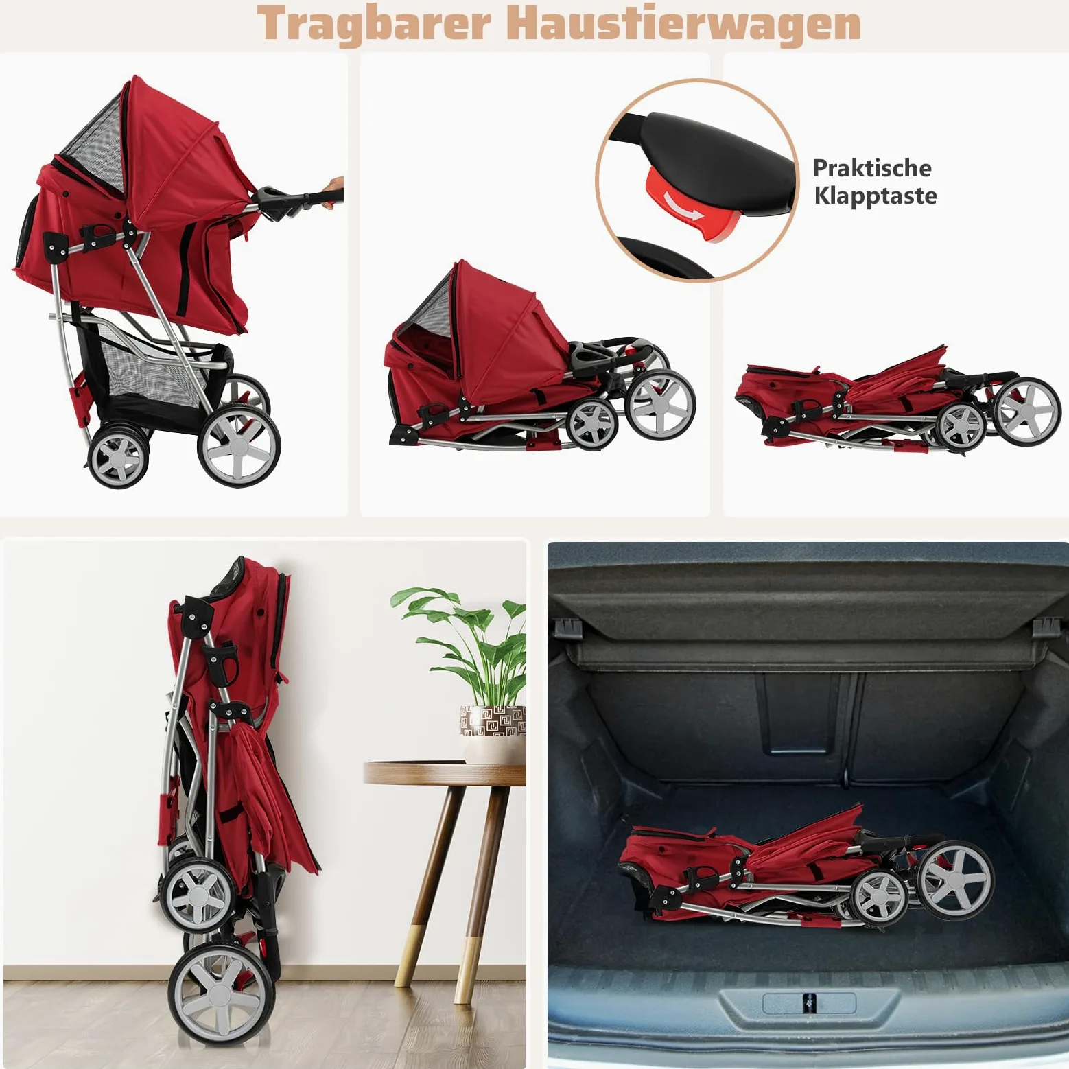 SOARS Passeggino per Cani e Gatti Pieghevole Fino 15 kg, Carrello per Animali Domestici, Trasportino Carrozzina Portatile da Viaggio e Passeggio con Tettuccio per Cuccioli, 87 x 46 x 102 cm (Rosso)