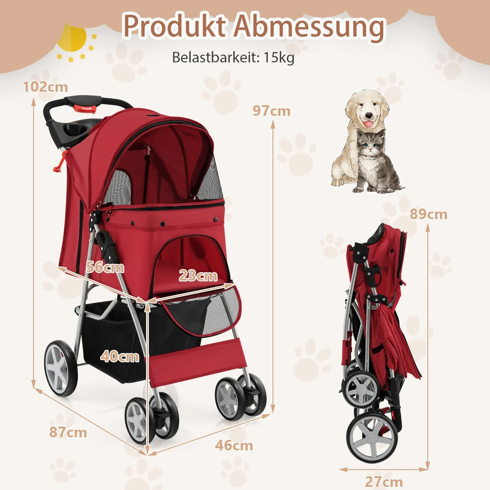 SOARS Passeggino per Cani e Gatti Pieghevole Fino 15 kg, Carrello per Animali Domestici, Trasportino Carrozzina Portatile da Viaggio e Passeggio con Tettuccio per Cuccioli, 87 x 46 x 102 cm (Rosso)