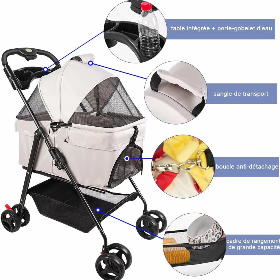 Passeggino per cani 3 in 1,Passeggino Buggy pieghevole animali carrello pieghevole cane gatto portabicchieri cestino portaoggetti incluso ruote con freno tessuto 600D Oxford acciaio