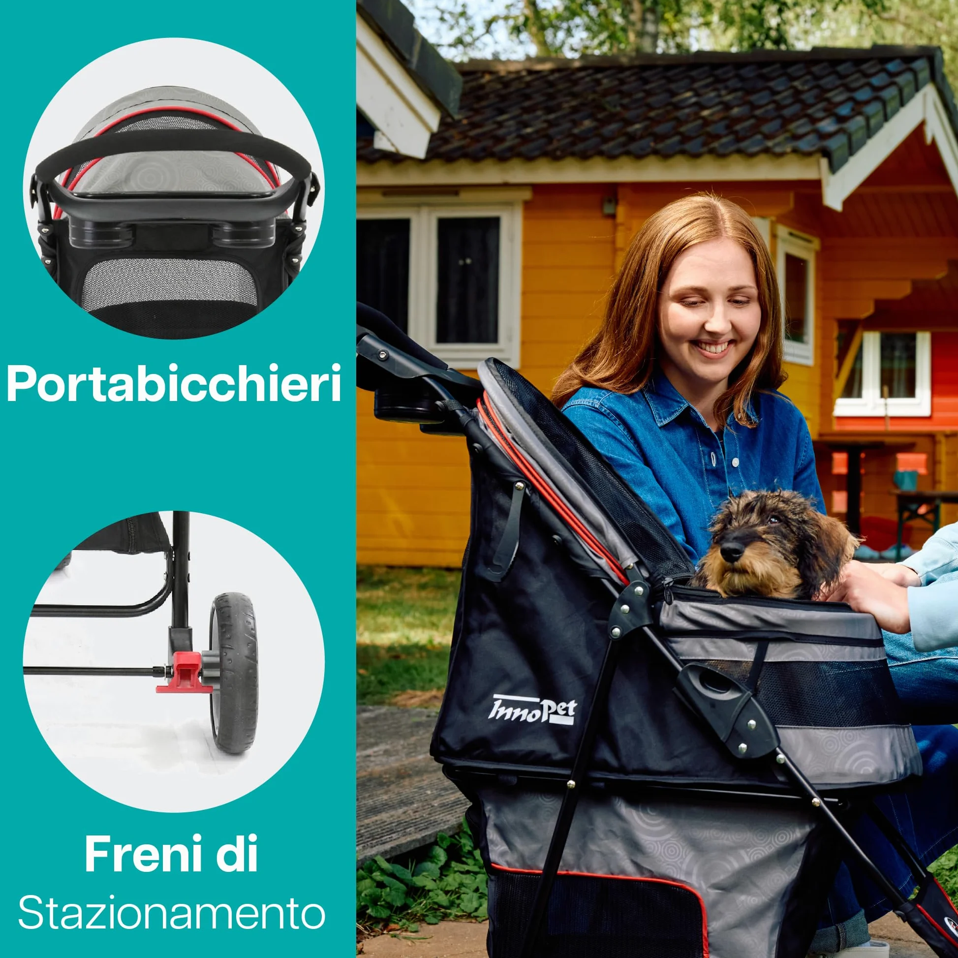 Passeggino leggero Innopet Avenue per cani e gatti, grigio/rosso - Passeggino urbano compatto per animali domestici con copertura antipioggia, cinture di sicurezza e cestino portaoggetti