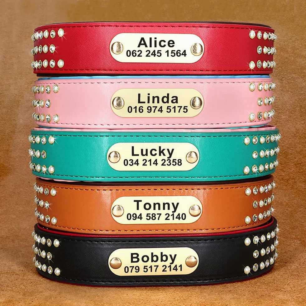 Collare di identificazione per Cani con Strass Bling Collana con collari per Cani Personalizzati con targhetta Collana Morbida Imbottita per Animali Domestici Incisione Gratuita S-2XL