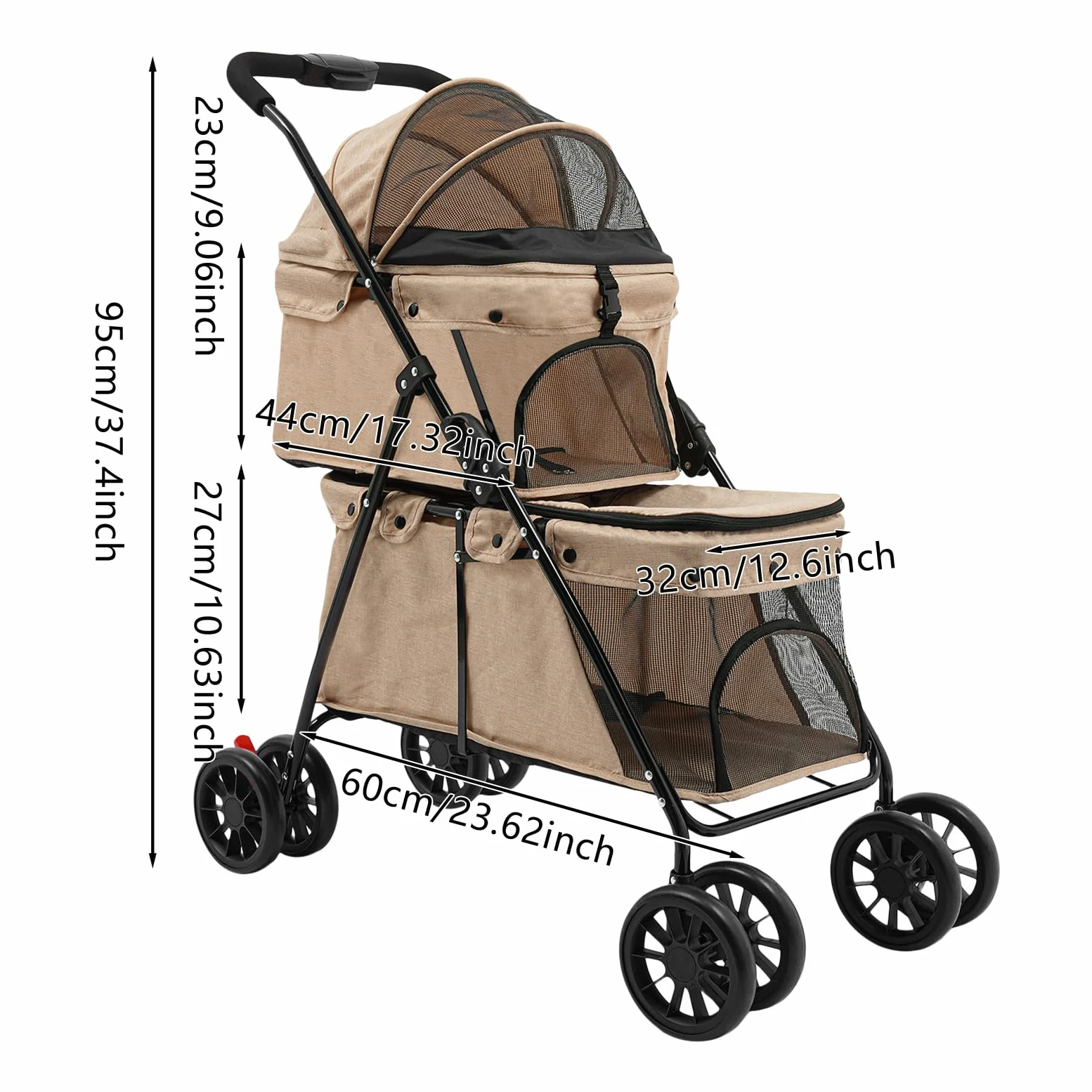 Passeggino per cani a 2 ripiani, con finestra a rete, pieghevole, per 2 cani di piccola taglia, gatto, kaki