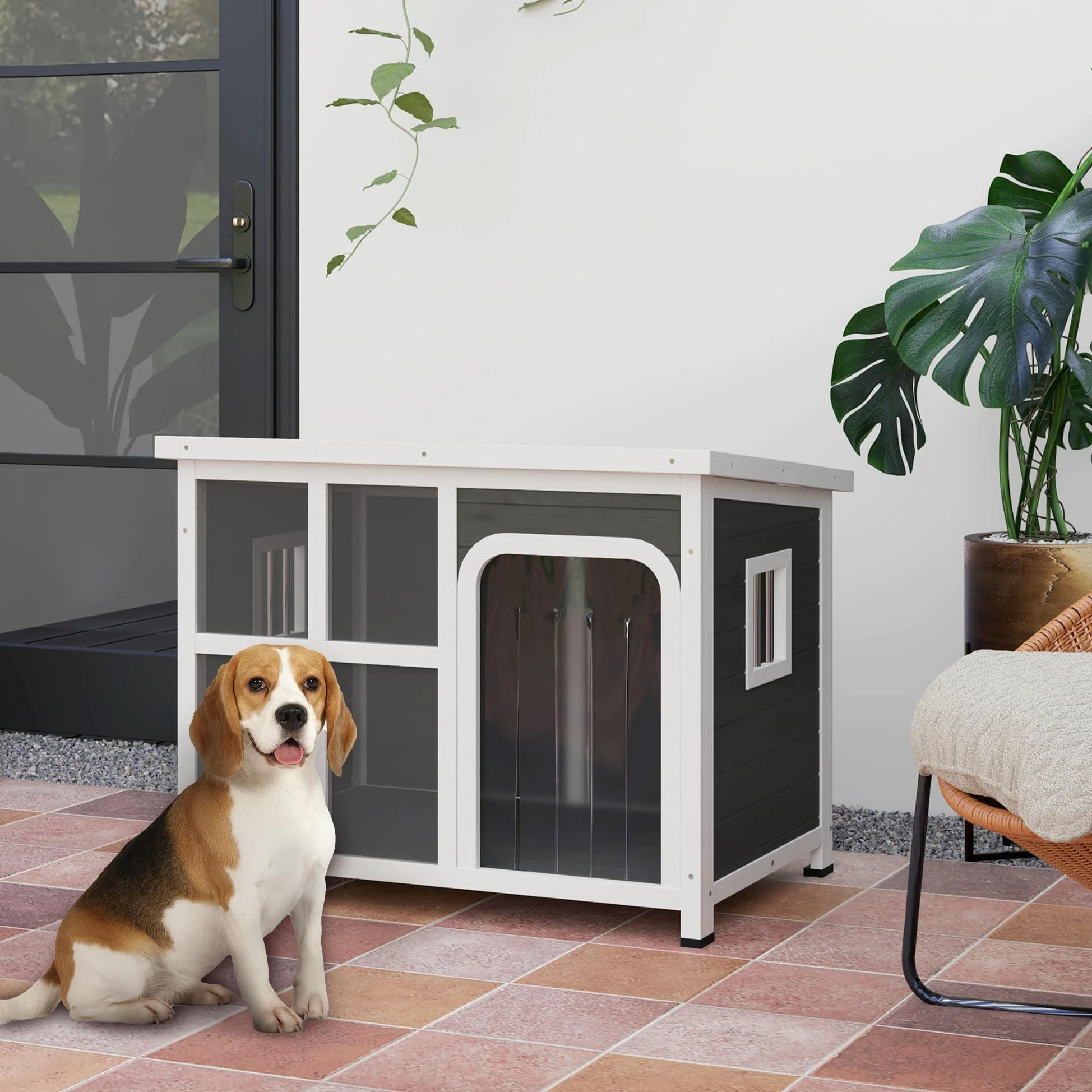 PawHut Casetta per Cani Taglia Piccola e Media con Finestrelle Laterali e Tendina da Ingresso, Cuccia per Cane da Esterno con Base Estraibile e Tettuccio Apribile, 90x62x71 cm, Grigio Chiaro