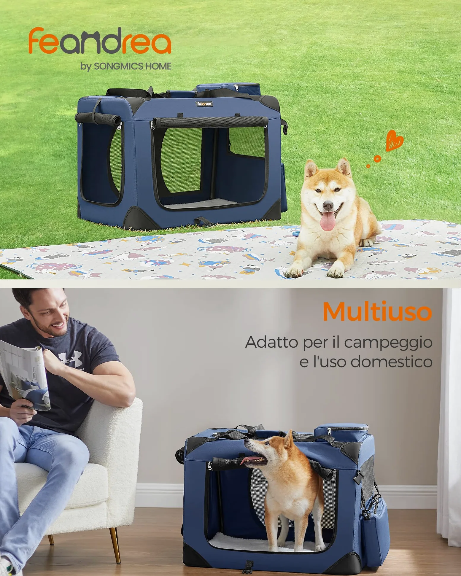 FEANDREA Trasportino per Cane, Gabbia Pieghevole, L (70 x 52 x 52 cm), Blu Scuro PDC70Z