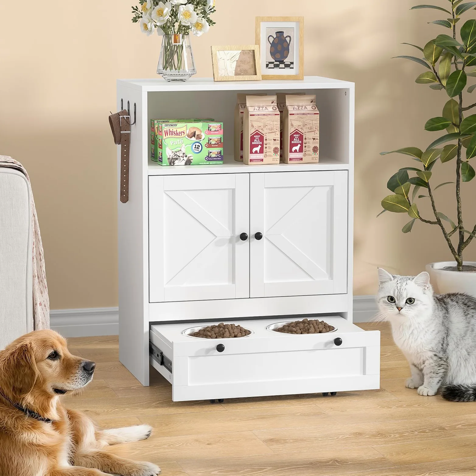 Mangiatoia per cani con 2 ciotole in acciaio inox, 60 x 35 x 82 cm, armadietto per animali domestici con ripostiglio, armadietto per animali domestici 2 in 1 e stazione di alimentazione, ciotola per