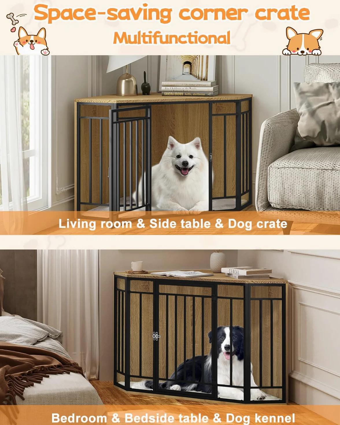 EUGAD Mobile Kennel Cane, Gabbia per Cani ad Angolo, Gabbia per Cani in Legno,Tavolo Supplemento,Sopporta di 70kg, Moderna Kennel Cane,Dog Crate Decorativa con Porta Bloccabile 111x60x67cm