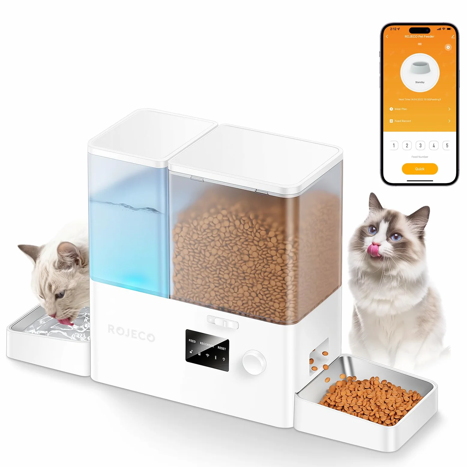 ROJECO Distributore Cibo Gatti Automatico 2-in-1 con Wi-Fi APP, 5L Crocchette + 3.5L Acqua a Gravità, Mangiatoia e Abbeveratoio per Gatti