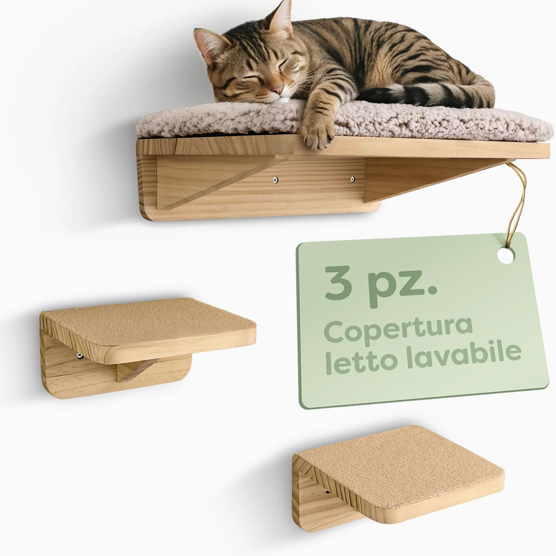 Knupis Mensole da Parete per Gatti con Letto & 2x Scale – Legno di Pino Massiccio FSC®, Amaca da Parete Robusta fino a 30 kg – per Gioco & Comfort - Beige