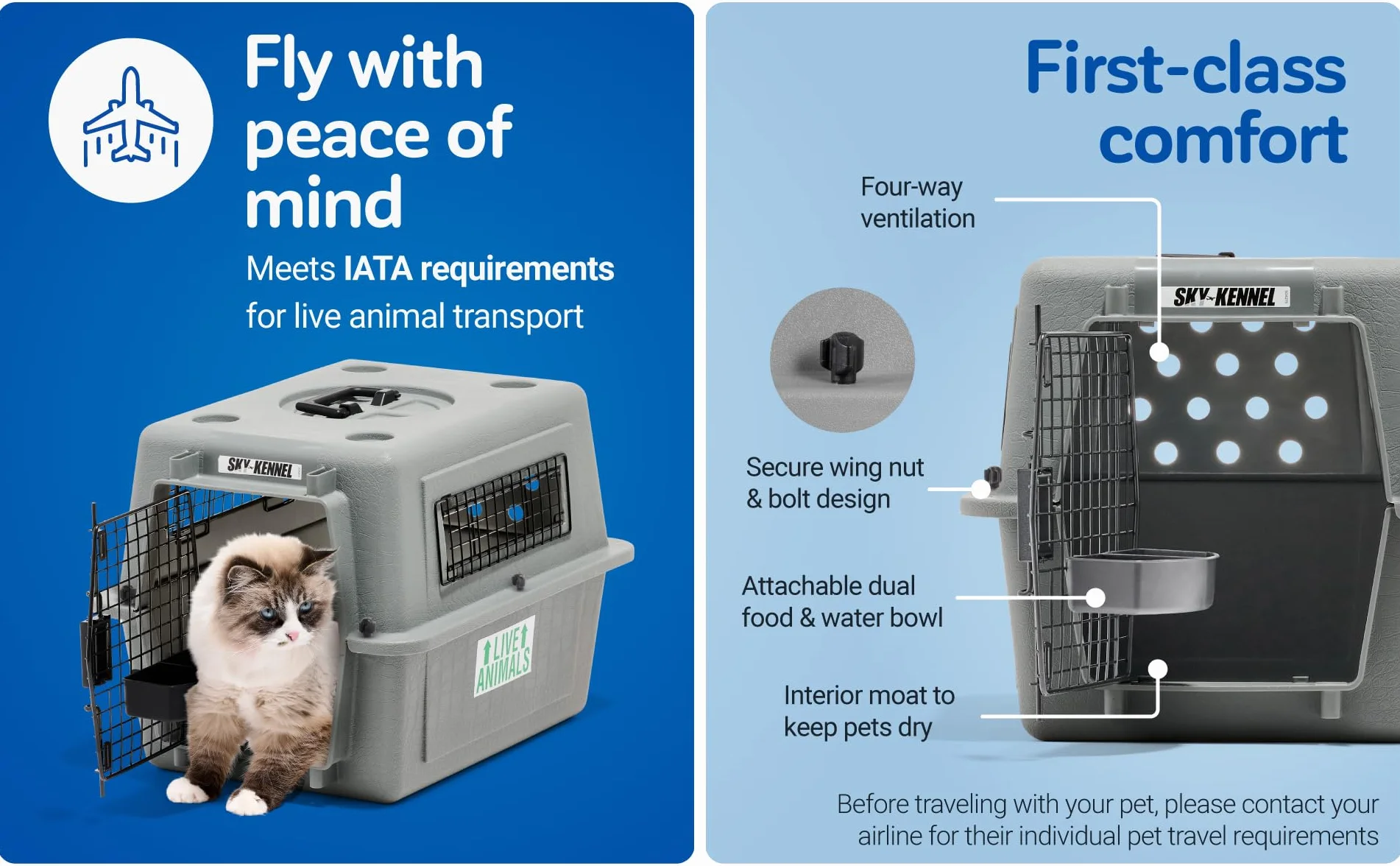 Petmate - Sky Kennel - Trasportino per Animali Domestici - Conforme alle Norme IATA - Perfetto per Il Trasporto Aereo - Dimensioni intermedie - Dimensioni Interne 73,5 x 48,25 x 58,25 cm