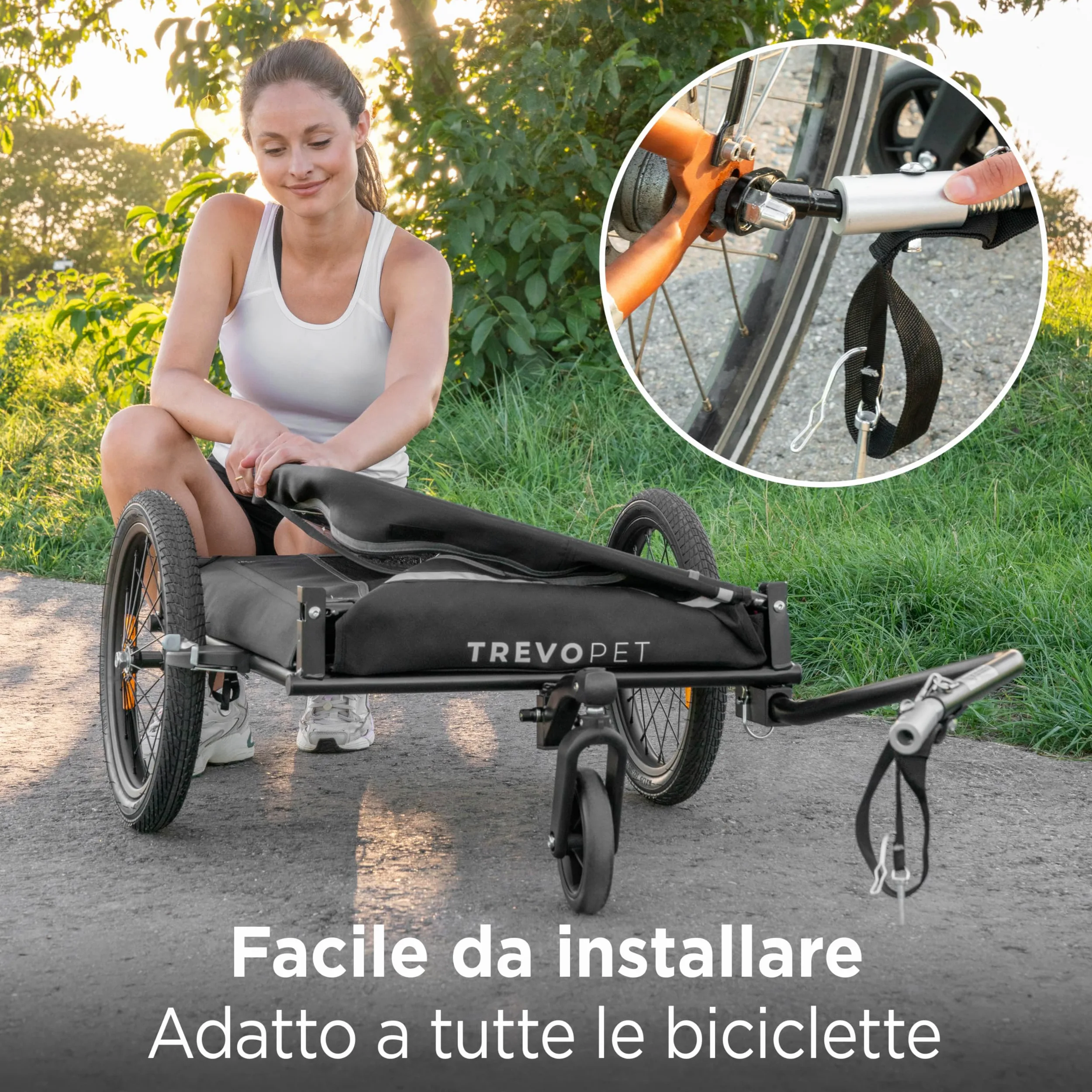 Rimorchio Bici Cani 2 in 1 – Carrello e Passeggino Pieghevole con Cuscino per Cani fino a 30 kg – Con Attacco, Bandierina, Compatibile con Bici Elettriche – Nero