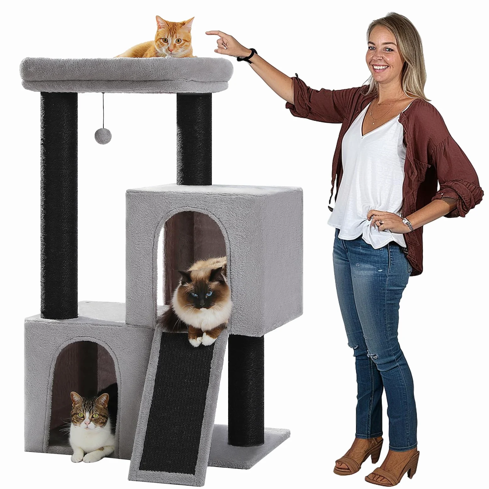 PETEPELA Grande tiragraffi spessore 11 cm tronchi con doppia grotta estremamente grande, completamente rivestito in sisal, adatto per gatti di grandi dimensioni, 114 cm, colore: nero/grigio