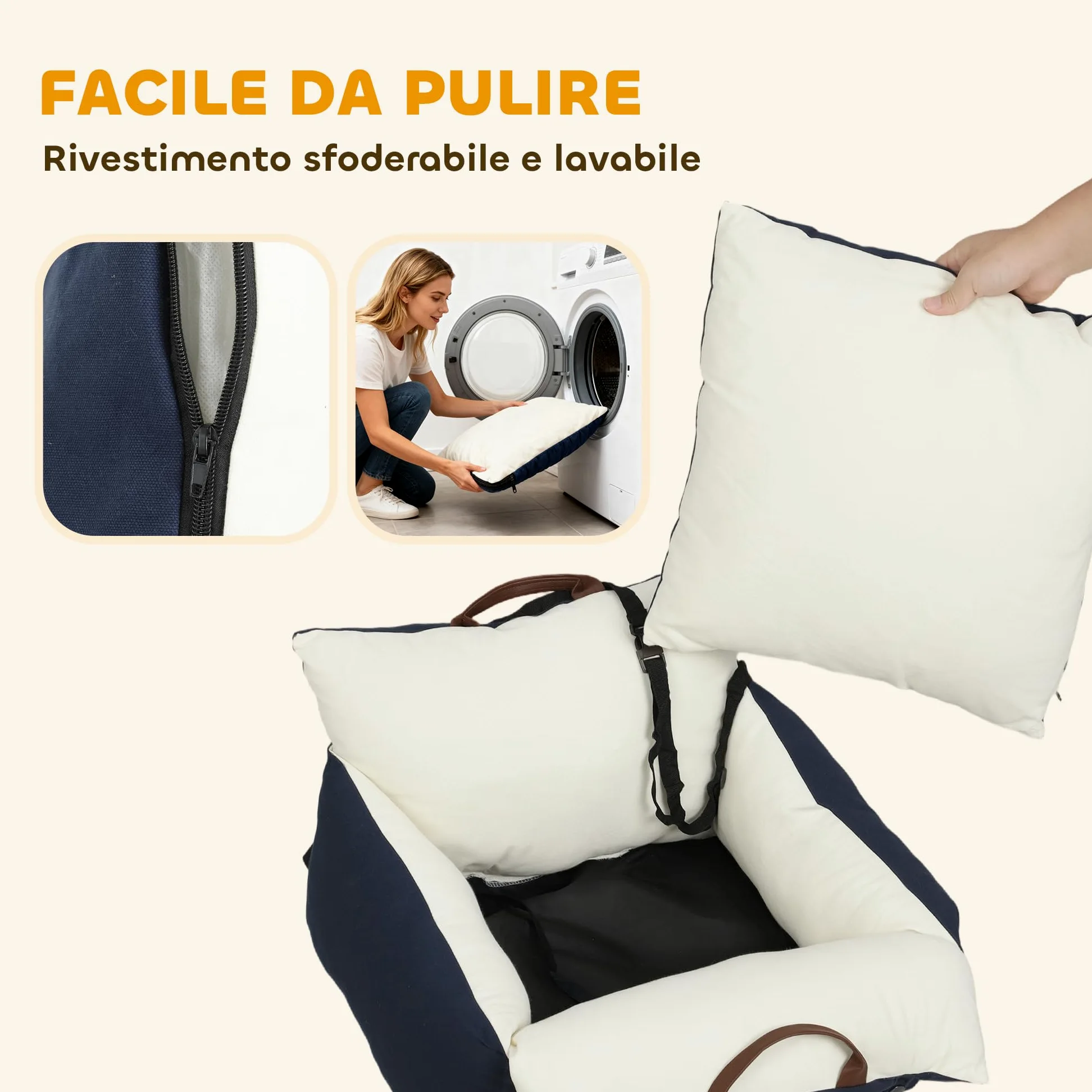 PawHut Seggiolino Auto per Cani Piccoli con Guinzaglio di Sicurezza, Lettino per Cani da Viaggio e Trasportino per Animali Domestici, Sfoderabile e Lavabile, Blu Navy