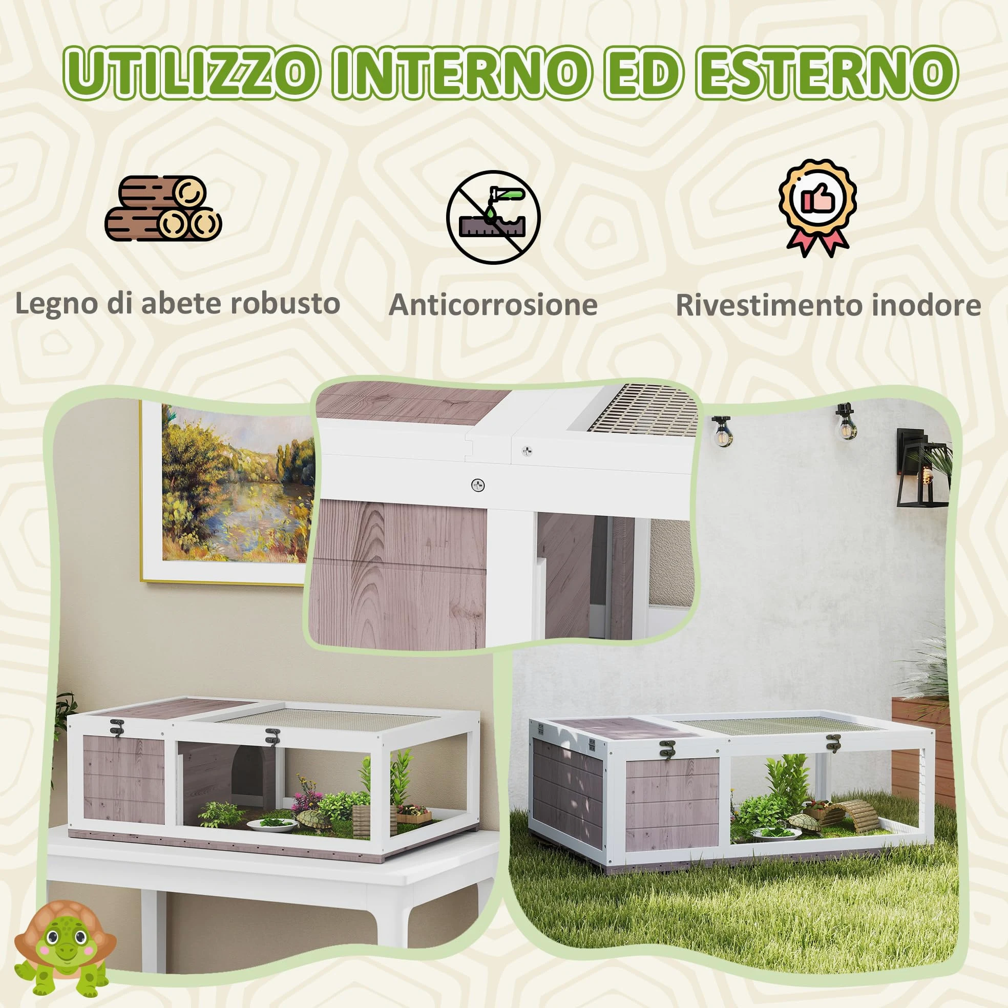 PawHut Casa per Tartarughe di Terra con Pannello Apribile e 2 Spazi Separati, Terrario Tartarughe di Terra in Legno di Abete e Acciaio Zincato, 91x60.5x32 cm, Marrone Chiaro