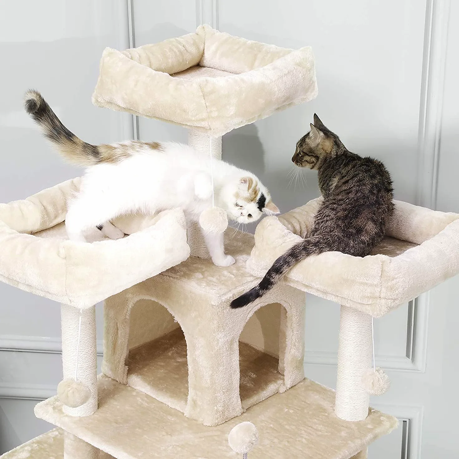 MSmask, Tiragraffi grande, in formato XXL, 175 cm, stabile, con 3 grandi piattaforme di osservazione, per gatti di grandi dimensioni, elementi tiragraffi in sisal (beige)