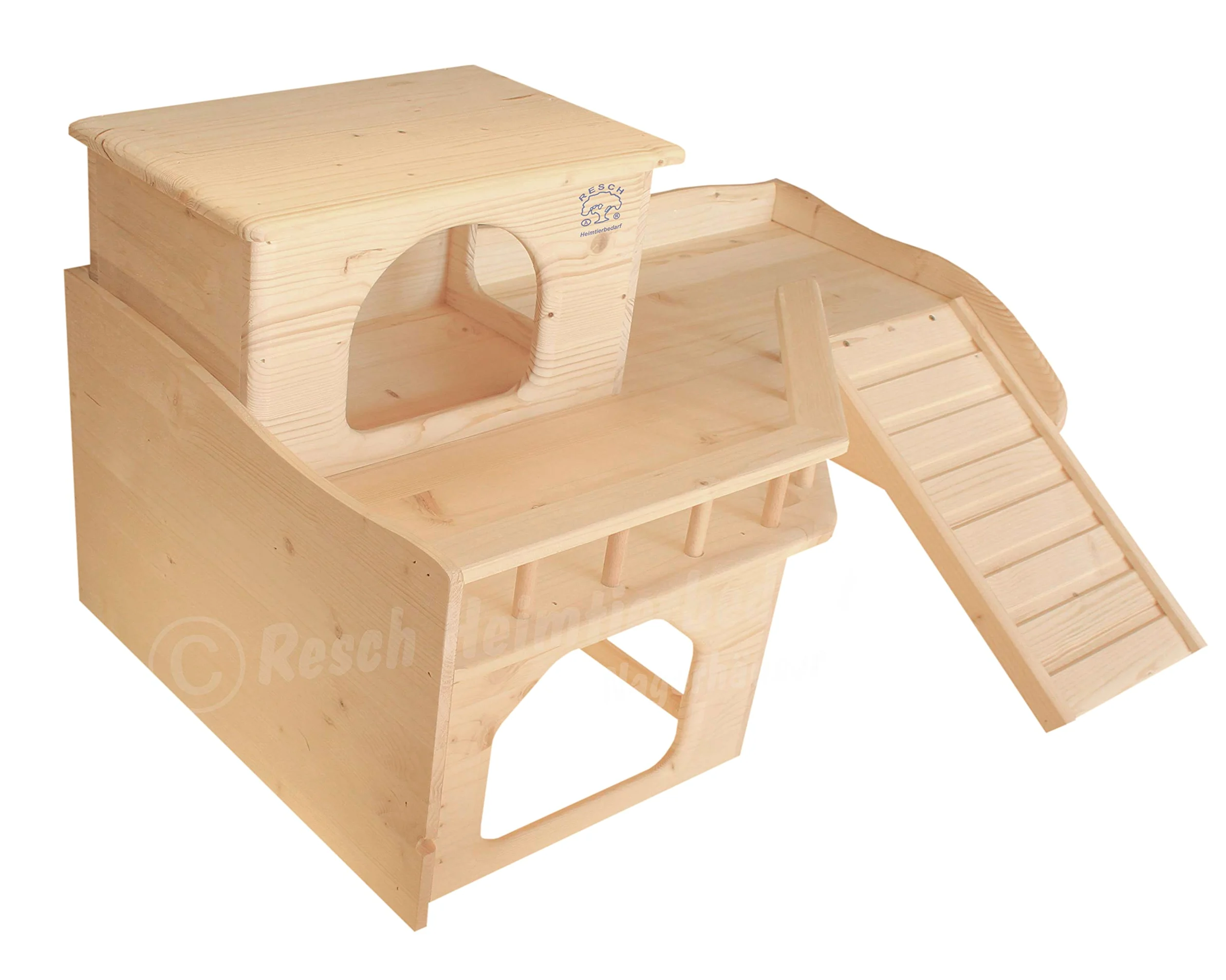 Resch Nr36 - Lucchetto per coniglio in legno massello naturale di abete rosso, tre grandi ingressi/uscite al piano terra, una scala avvitabile e una torre rimovibile