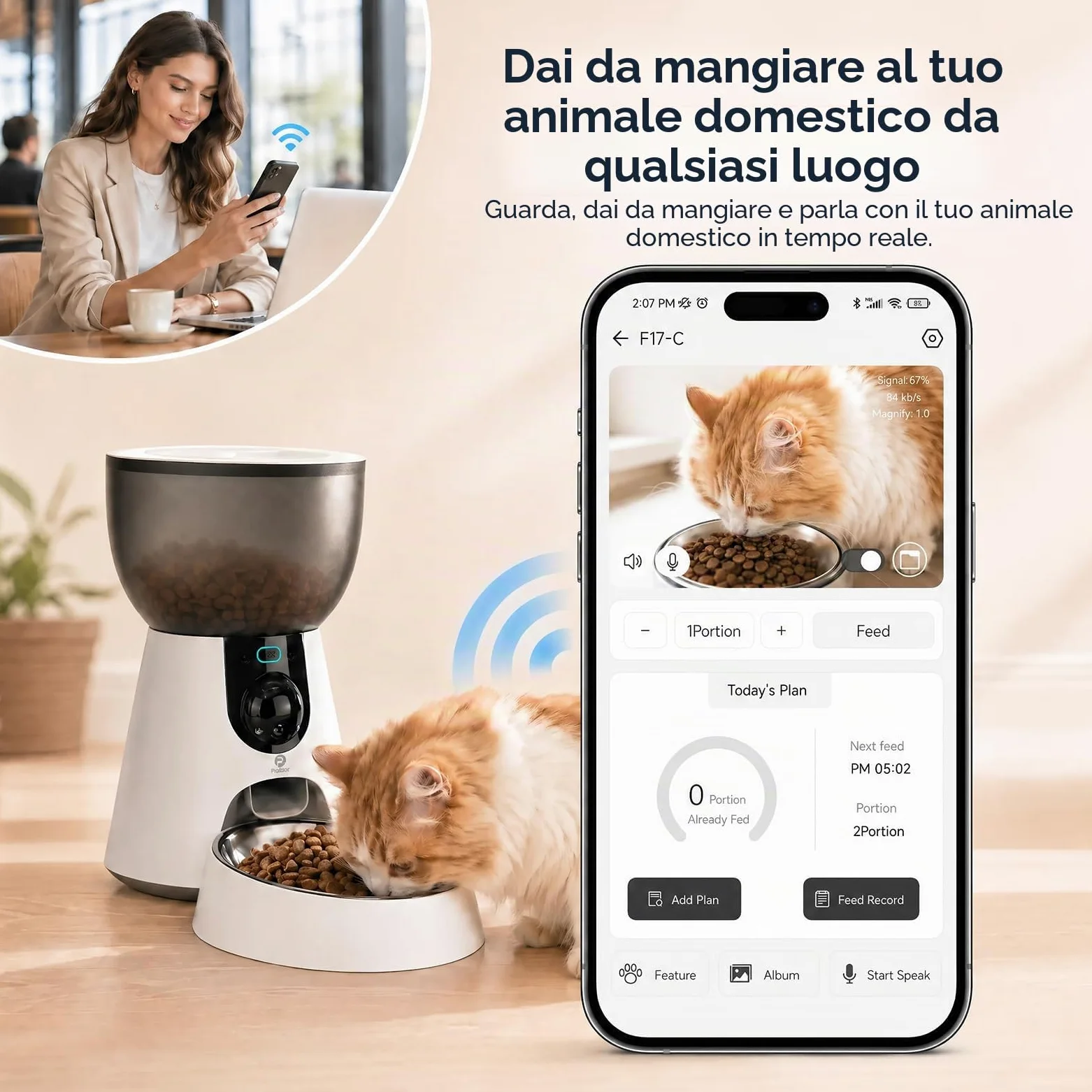 Podazz Distributore Automatico Cibo Gatti con Fotocamera 1080P, 2.4G/5G WiFi Dispenser Cibo Gatti, Controllo App, Timer, Visione Notturna e Voce Bidirezionale, Fino a 10 Porzioni 10 Pasti al Giorno