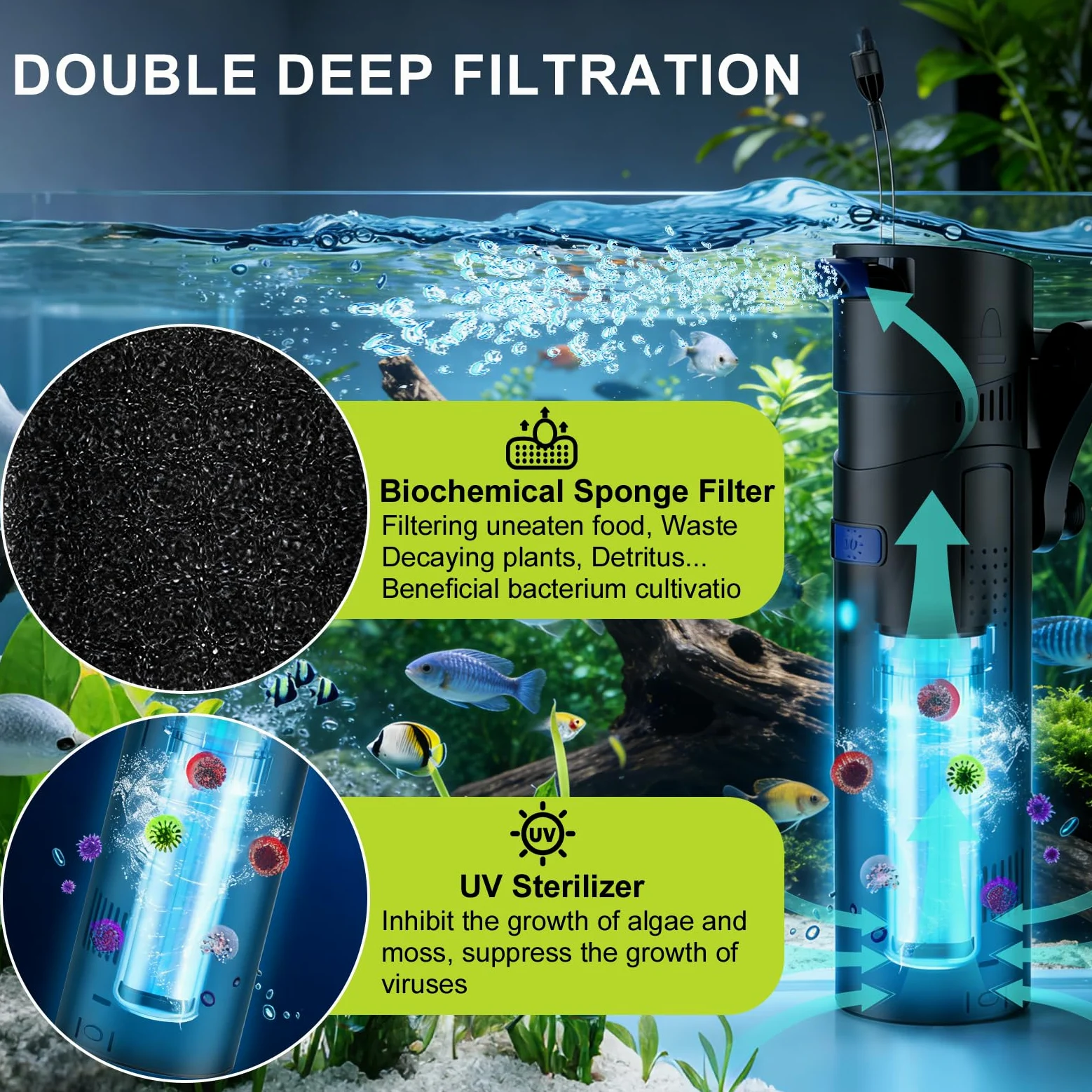 EXLECO Filtro Interno Acquario 4 in 1 con Lampada UVC da 7W, Aeratore 700 L/h 18W, Include Pompa Acqua, Skimmer e Materiale, Ossigenatore per Tartarughiera per Tartarughe d'Acqua 150-300 Litri