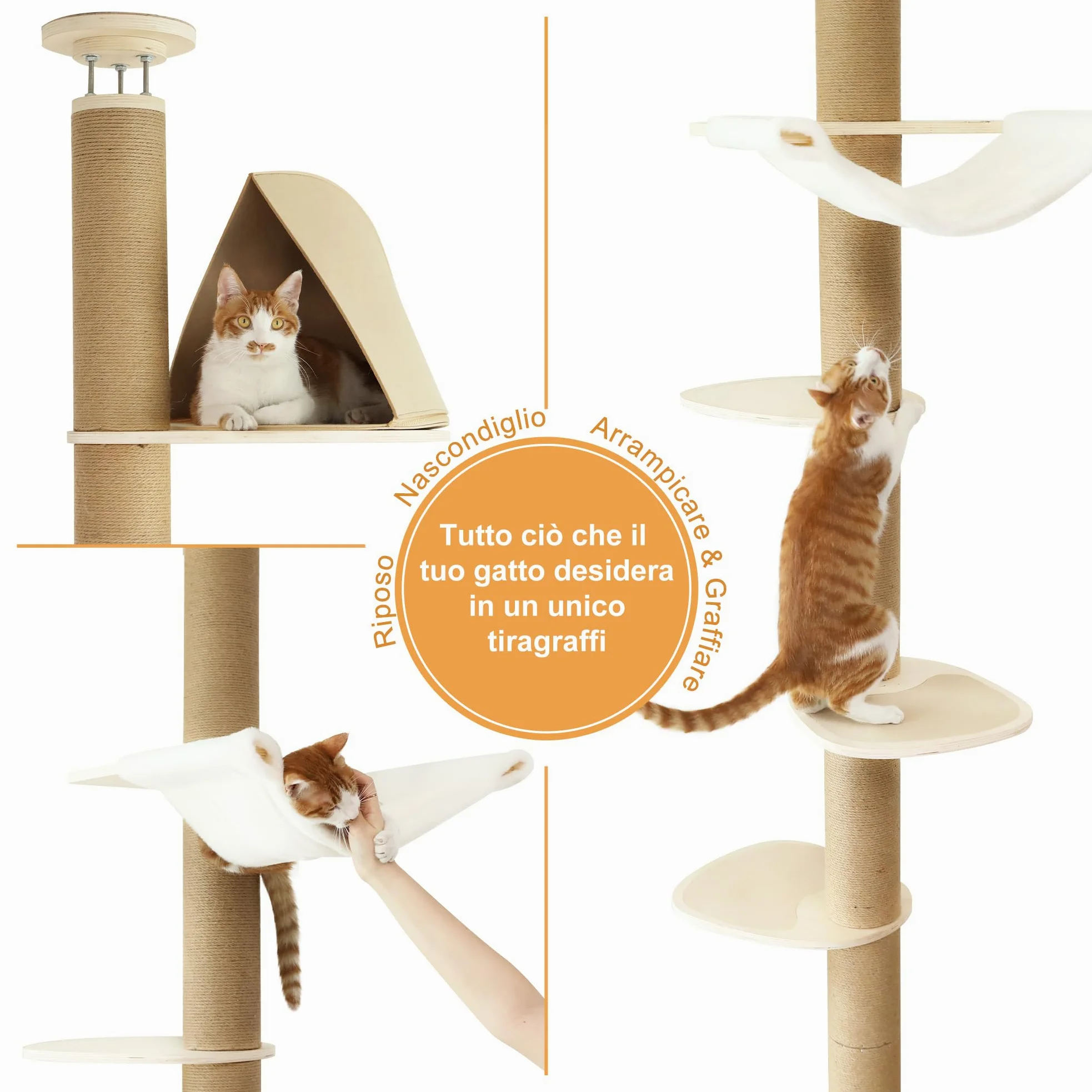 FUKUMARU Albero Tiragraffi per Gatti al Soffitto, 6 Livelli Altezza Regolabile (1.8-3 m),Torre Arrampicata con Palo Tiragraffi Rinforzati, Centro Attività con Tenda e Amaca Morbida per Gatti. Beige