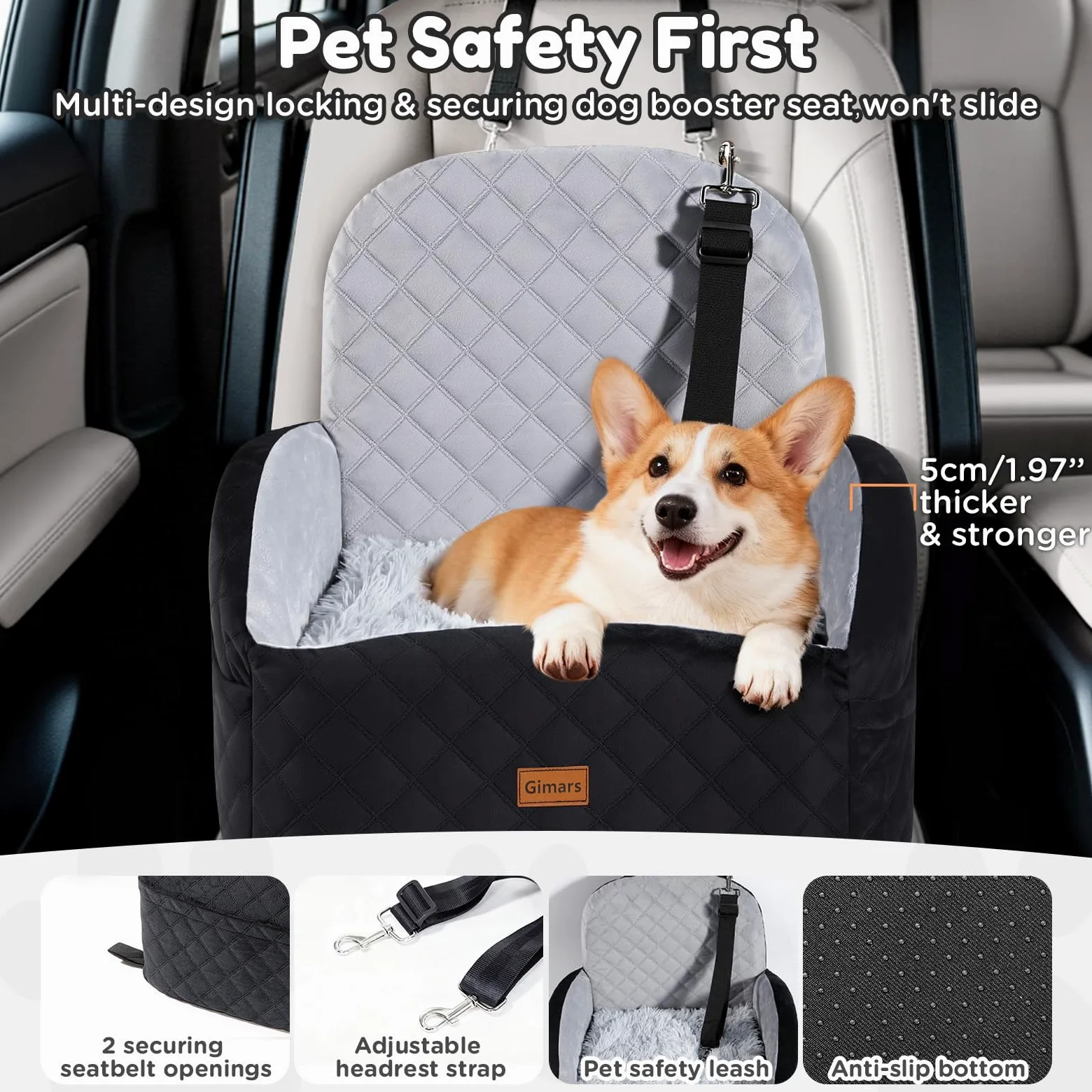 Gimars Reversibile Seggiolino Auto Per Cani conPeluche Lungo/Corto Cuscino sedile Per Cani Piccoli/Medi Fino A 16kg, Sfoderabile Lavabile Trasportino Per Cani Auto Con 15cm 28D Egg-Crate Schiuma, S