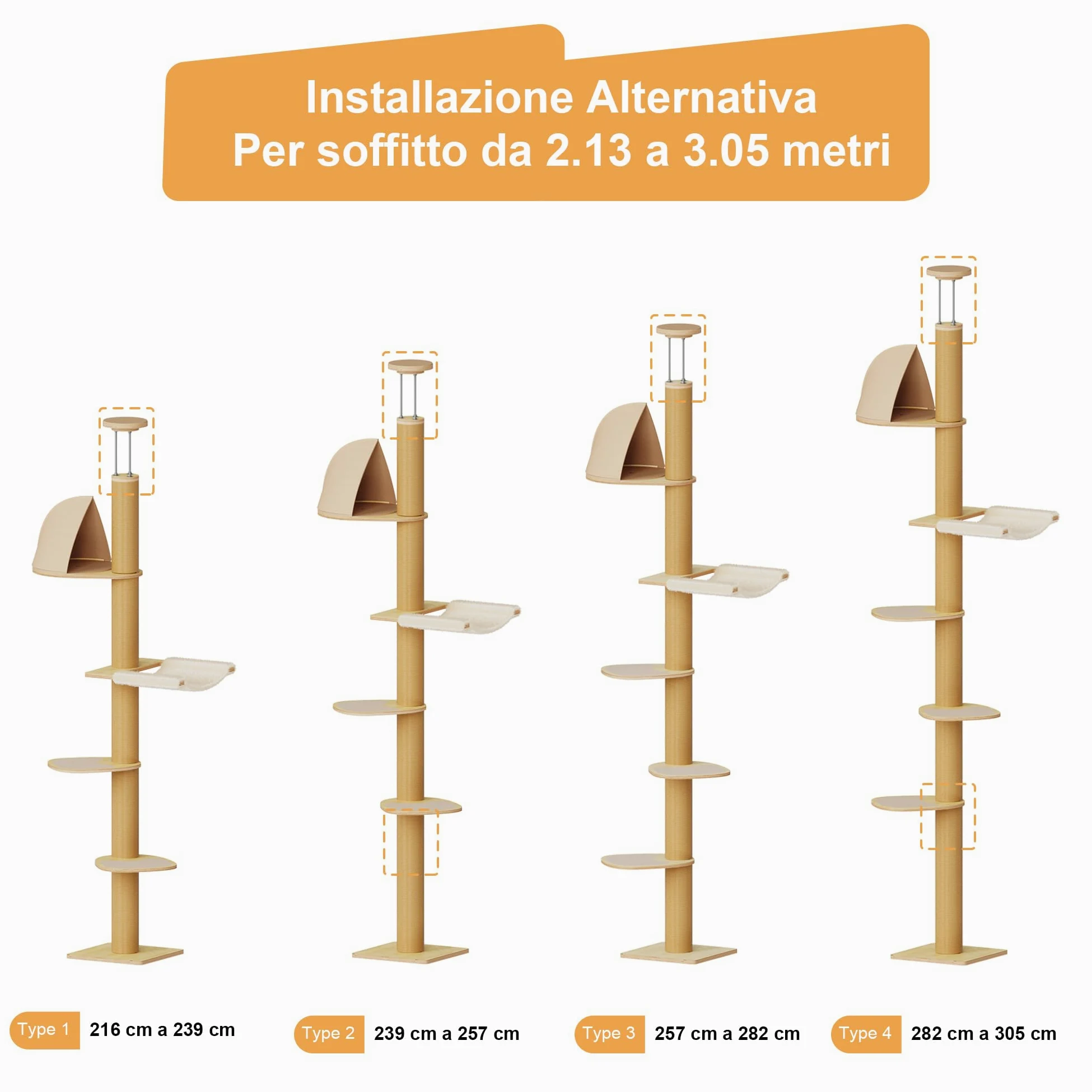 FUKUMARU Albero Tiragraffi per Gatti al Soffitto, 6 Livelli Altezza Regolabile (1.8-3 m),Torre Arrampicata con Palo Tiragraffi Rinforzati, Centro Attività con Tenda e Amaca Morbida per Gatti. Beige