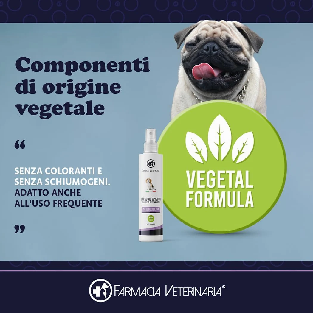 Farmacia Veterinaria Shampoo Secco per Cani - Privo di Parabeni e Coloranti - Shampoo per Cani Profumato e Senza Risciacquo - 250 ml, Prodotto in Italia