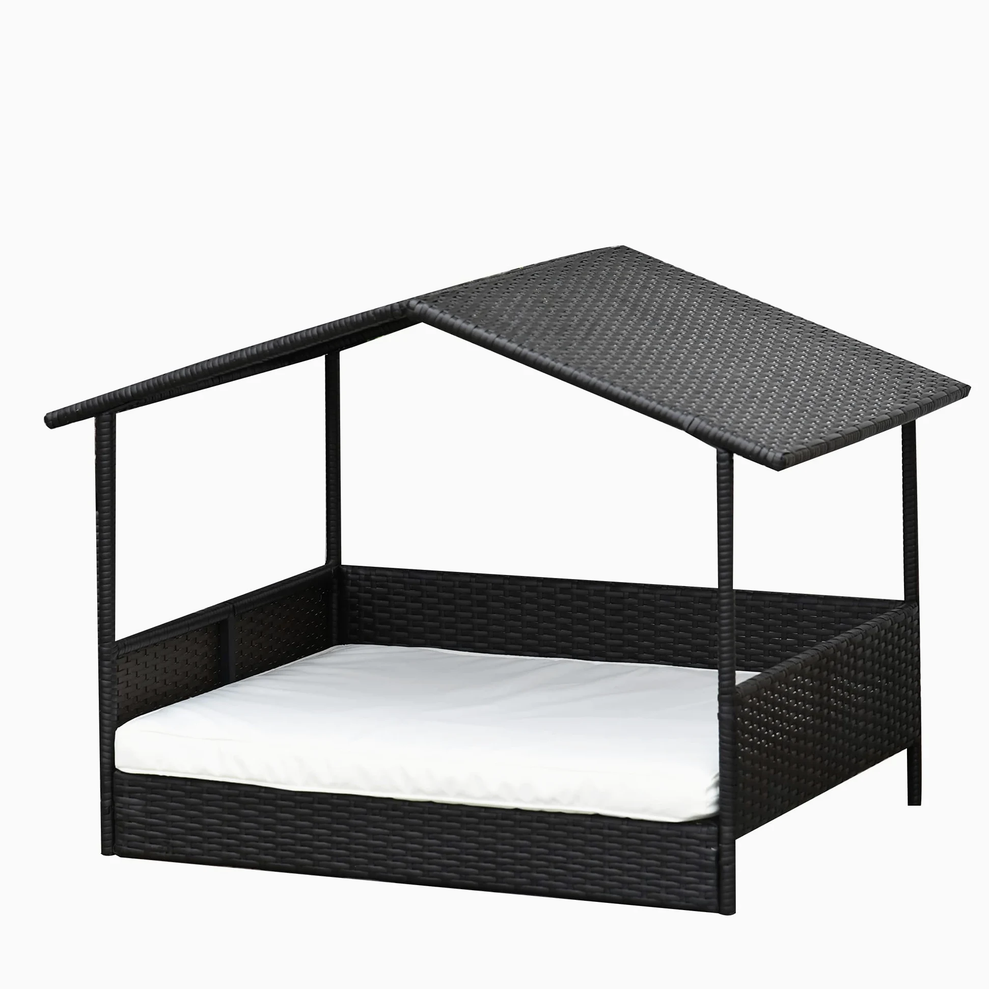 Pawhut Cuccia per cani con cuscino, letto per cani a forma di casa, casa per esterni, telaio in acciaio, PP Rattan, nero, 95 x 69 x 70 cm