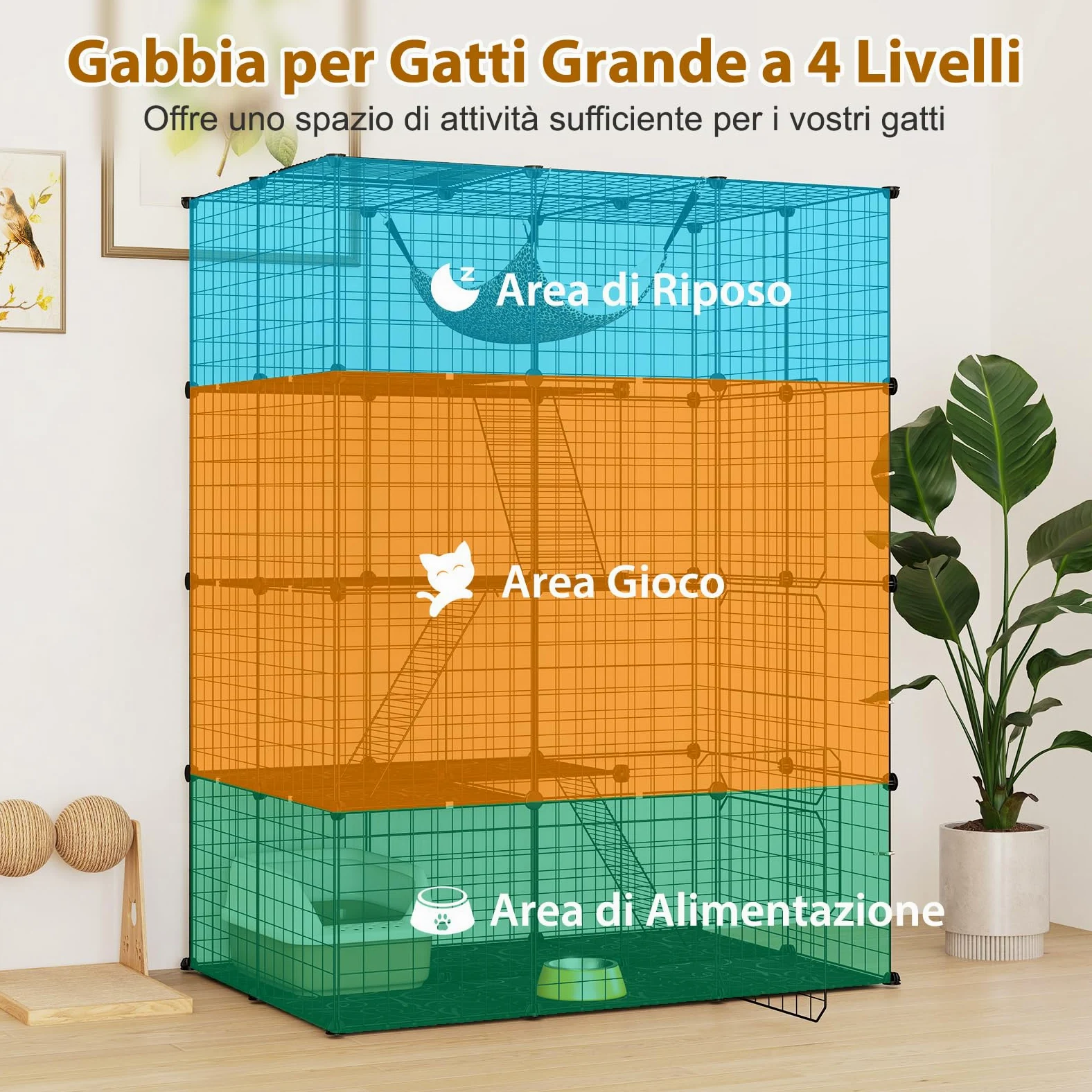 GYMAX Casa Gabbia per Gatti a più Livelli, in Metallo, Recinto per Gatti con Amaca Rimovibile, Porta, Scale, Parco in Metallo per Animali Domestici per Conigli e Cuccioli (109,5 x 74 x 142 cm)
