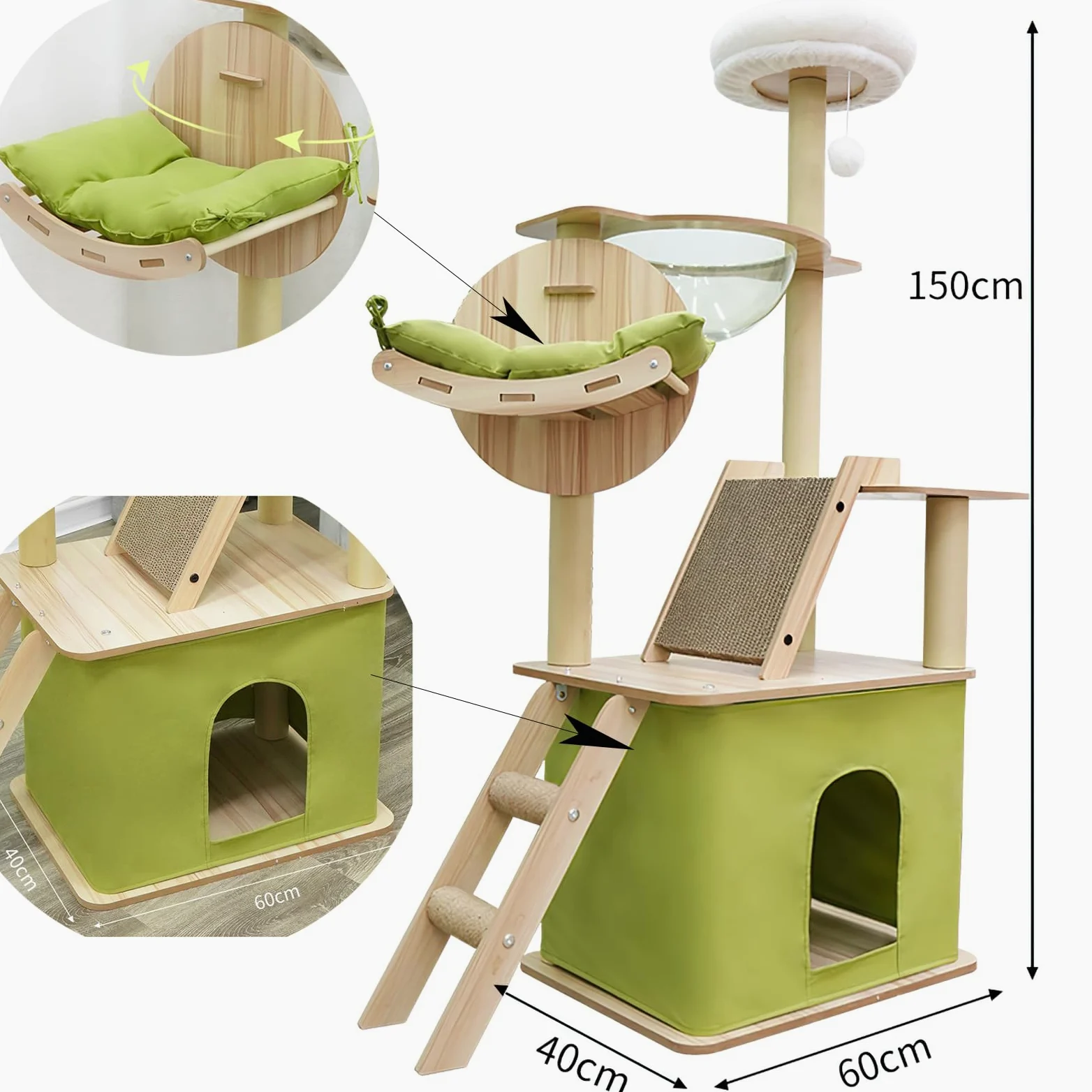 Albero per gatti - 150 cm Torre per gatti - Albero per gatti per interni - Con casa per gatti, capsula spaziale trasparente, piattaforma di salto in peluche, pallina giocattolo, cuscinetto in