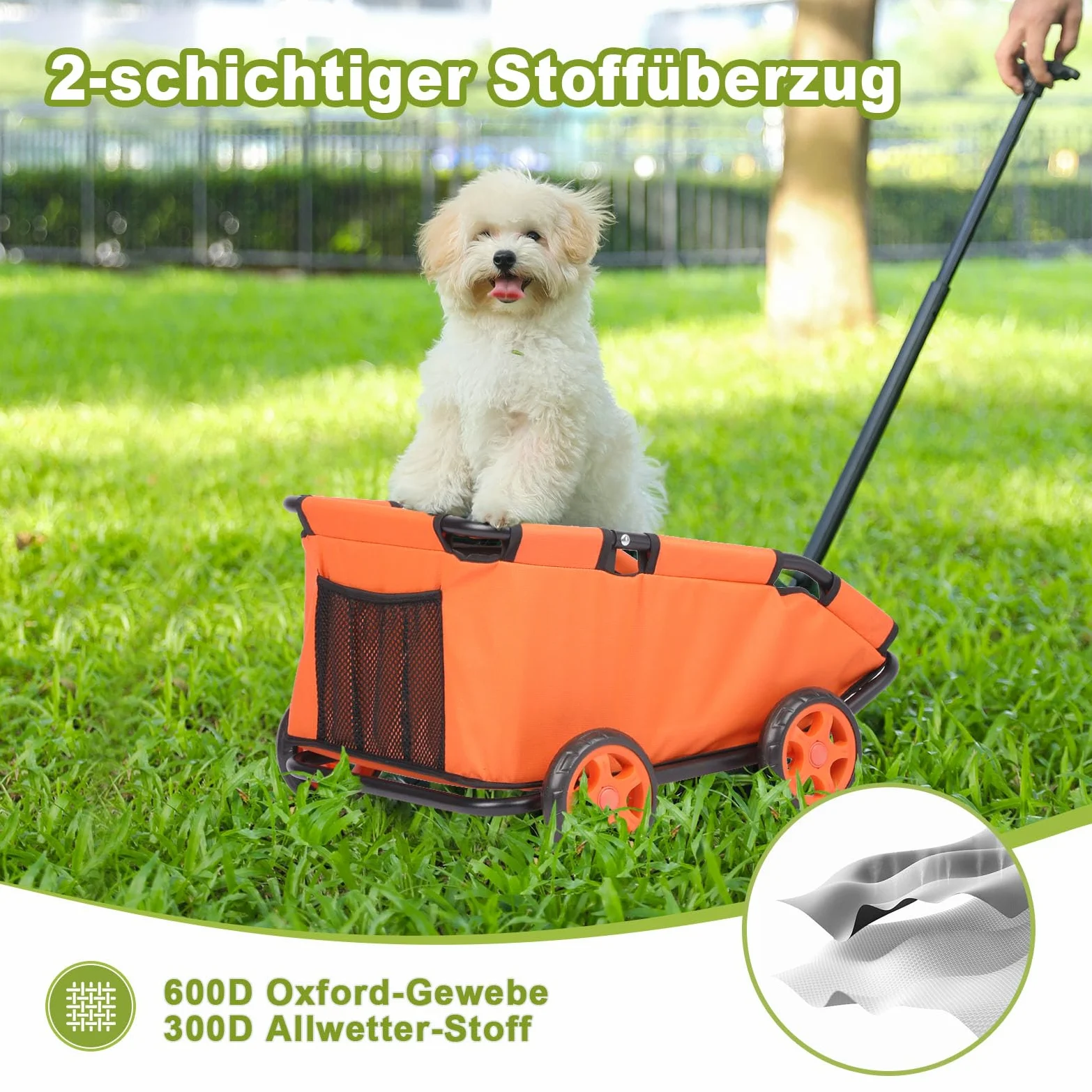 Passeggino per mini animali domestici, carrello della spesa pieghevole multifunzionale con maniglia estensibile, cuscino integrato e corda di sicurezza con borsa (arancione)