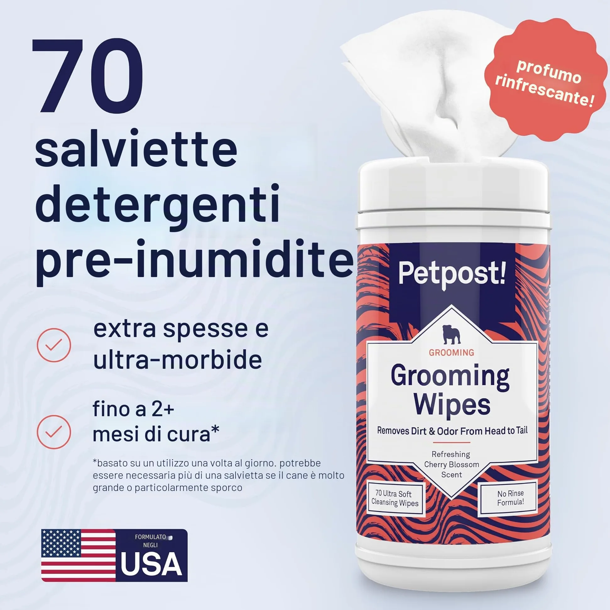Petpost | Salviette per la Pulizia dei Cani - Salviette Grandi e Deodoranti al Profumo di Fiori di Ciliegio - 70 Tamponi in Cotone Ultra Morbido con Soluzione Detergente (Fiori di Ciliegio)