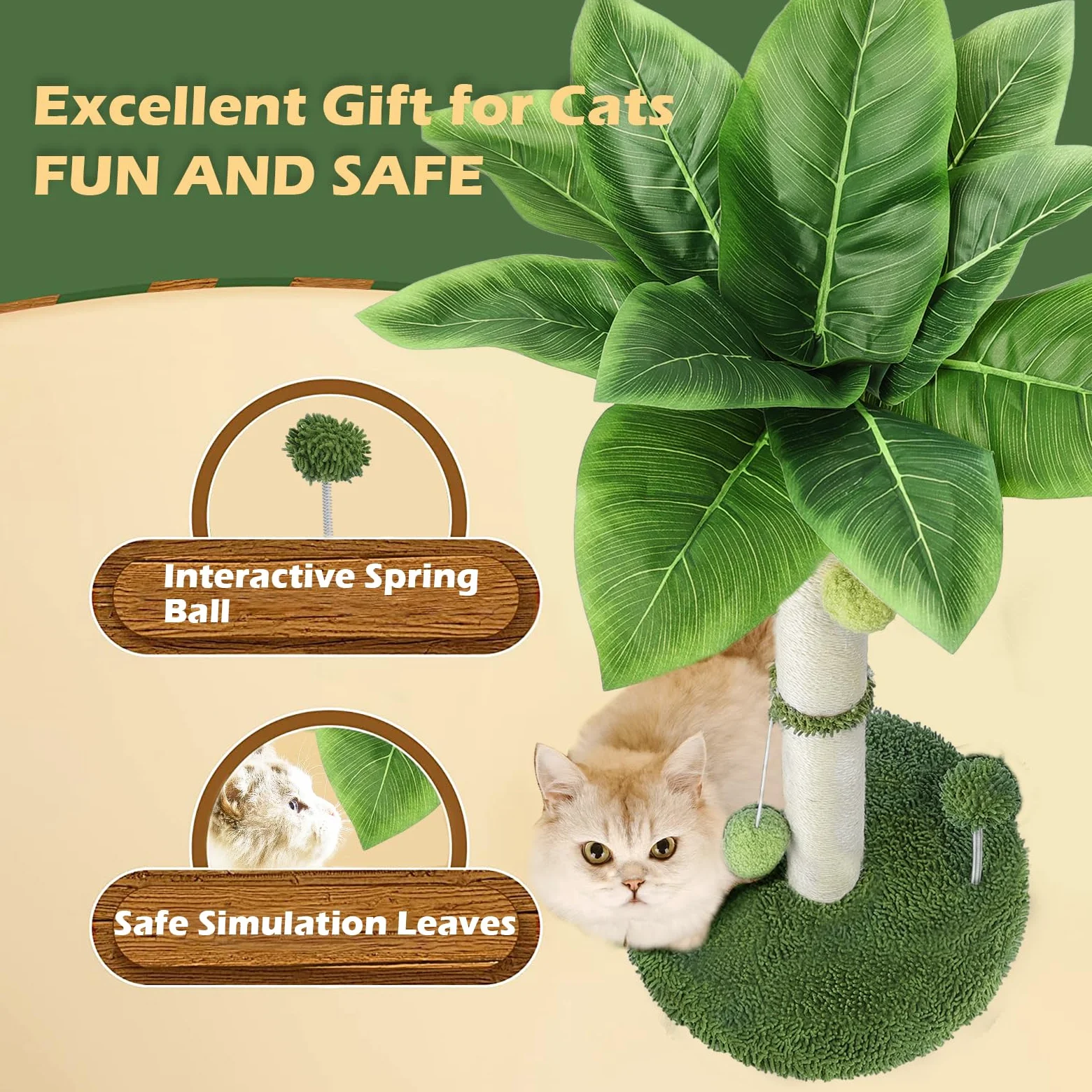 Tiragraffi Per Gatti Rampicante In Sisal Premium, Con Foglie Palla Appesa E Palla A Molla, Adatto A Interno (65cm)