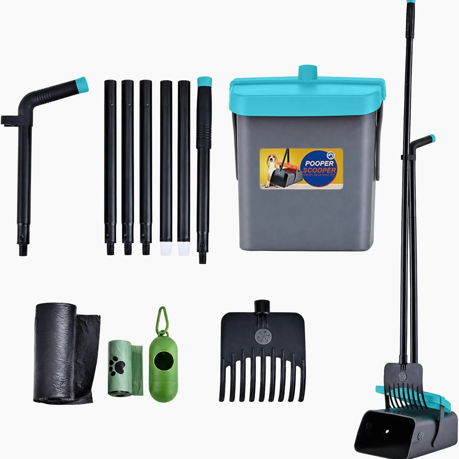 Kit con paletta girevole e rastrello per cani, manico lungo 116,8 cm, paletta regolabile per rifiuti di animali domestici, con cestino da 101,6 cm e 35 sacchetti per rifiuti, raccoglitore portatile