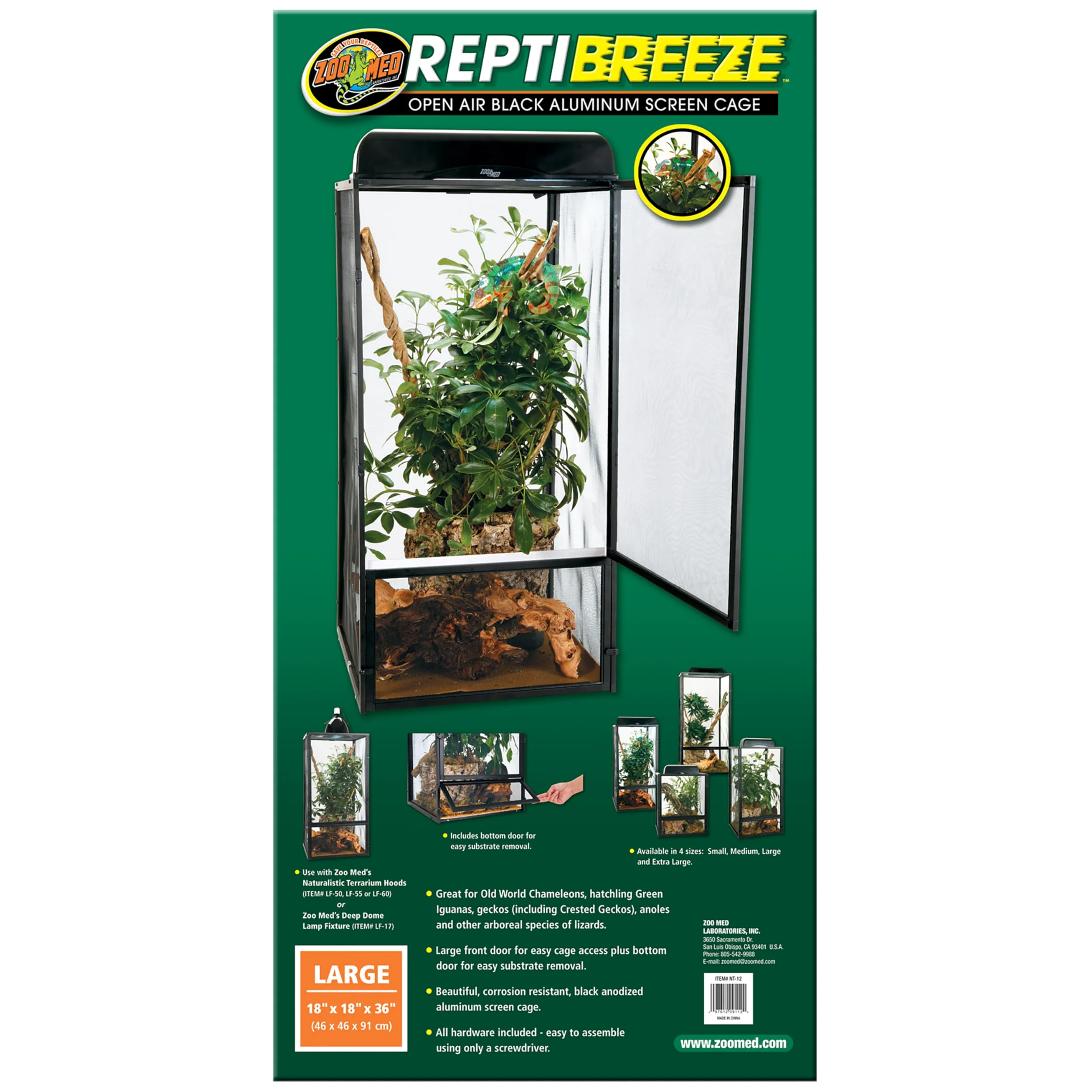 Zoo Med Repribreeze - Teca per Rettili in Alluminio anti corrosione, Gabbia in vetro per Draghi Barbuti, Iguane e Lucertole, pulizia semplice, 46X46X92 CM