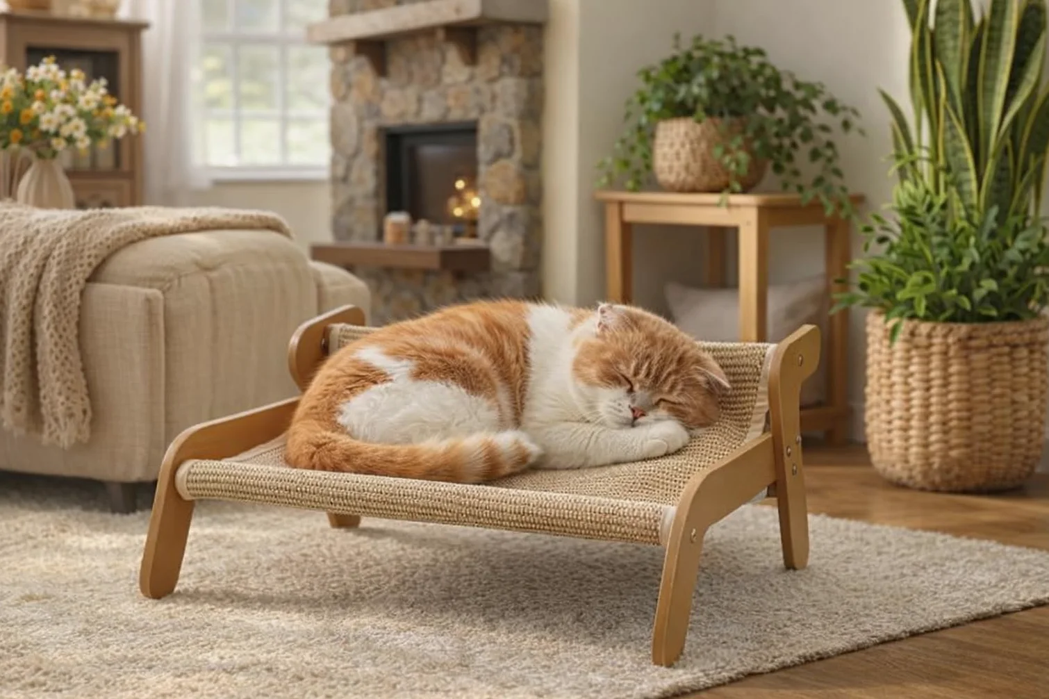 Amaca Gatti e Tiragraffi 2 in 1 in Legno e Sisal Naturale Rilassante – Divano e Lettino per Gatti Sospeso, Robusto e Antigraffio – Lettino Design 54x44cm - Montaggio Facile