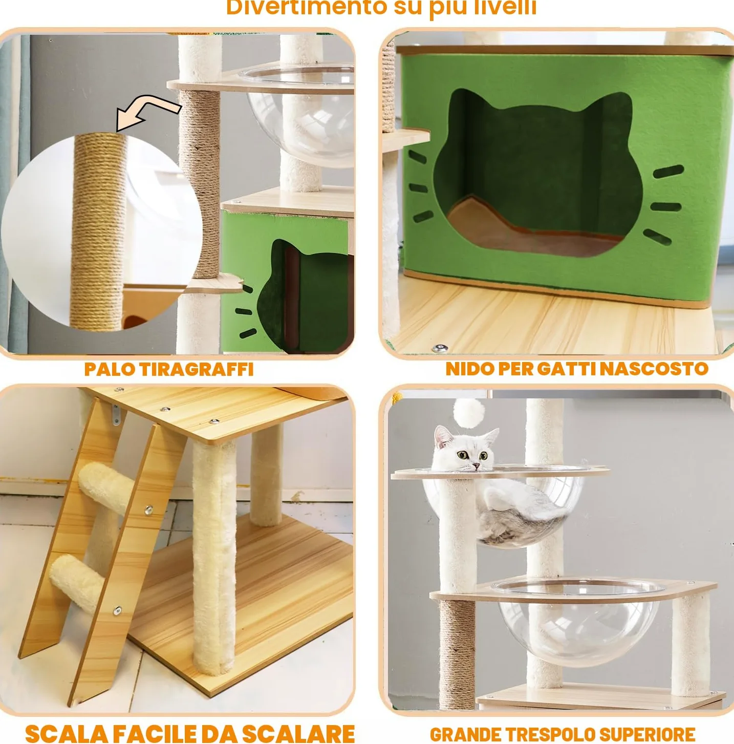 Tiragraffi per gatti,Con Cuccia gatto,2 Capsula spaziale trasparente,Gioco per Palla,Trespolo per Piattaforma,Scala per,Tiragraffi per gatti adulti(145CM)