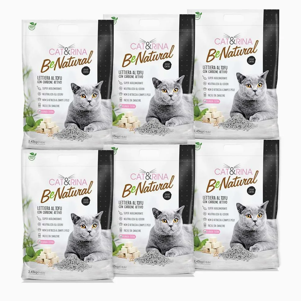 Cat&Rina BeNatural, lettiera per gatti al tofu da 5,5l Agglomerante e Vegetale. Fino a 30 giorni di utilizzo. Si smaltisce nell'organico o nel wc. Sabbia gatti anti odore Carboni Attivi, 6 pezzi
