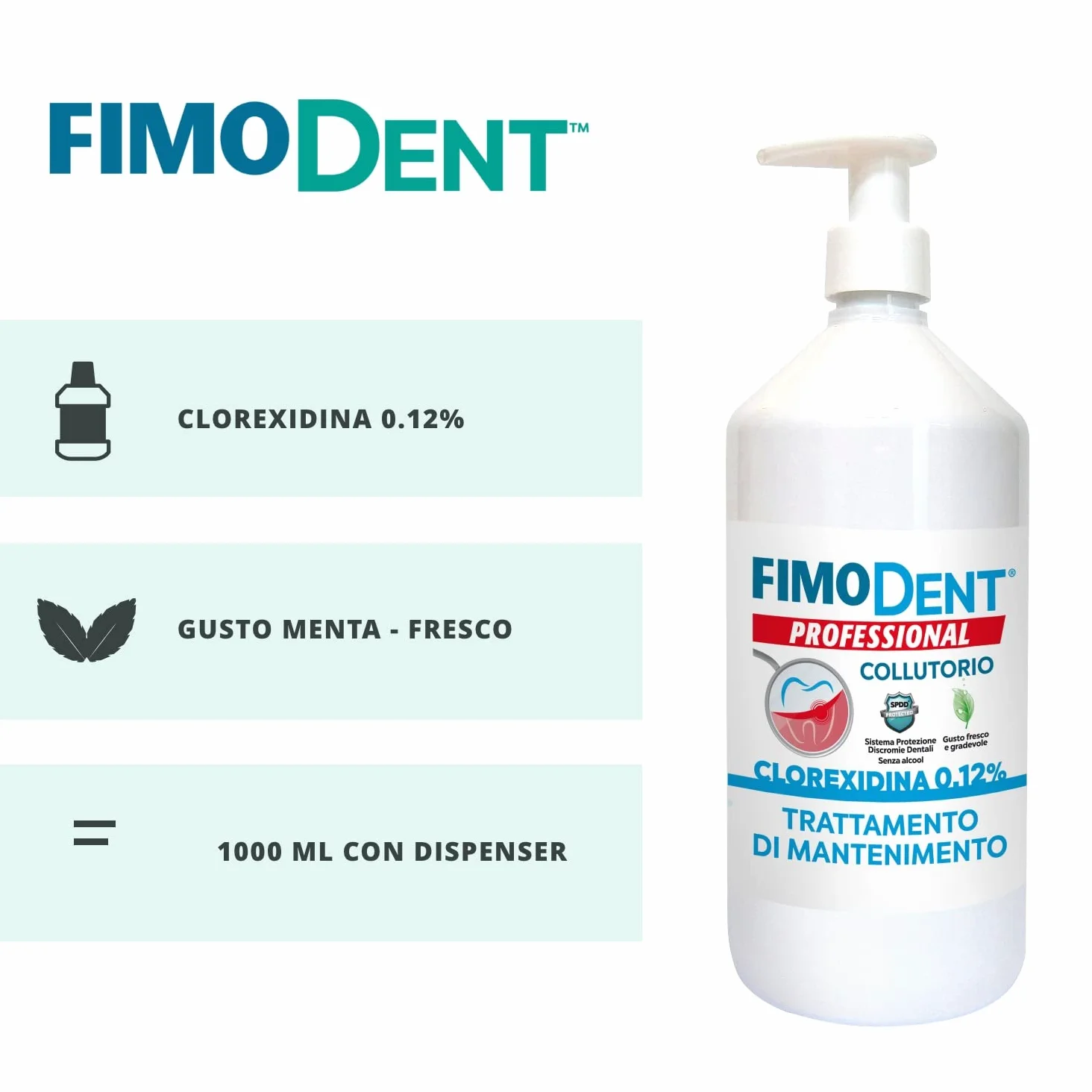 Fimodent Collutorio - Clorexidina 0.20% con SPDD e gradevole gusto menta - 1000mL con dispenser. & Collutorio - Clorexidina 0.12% con SPDD e gradevole gusto menta - 1000mL con dispenser.