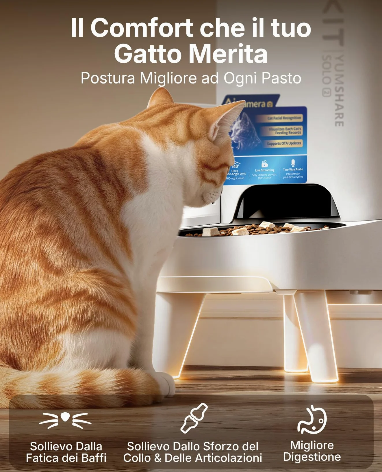 PETKIT YumShare Solo 2 Distributore Automatico di Cibo per Gatti con Telecamera HD 1080p, Riconoscimento Multiplo Gatti, Funzioni AI, Wi-Fi 2.4/5 GHz, Capacità 3L, Ciotola in Acciaio Inossidabile