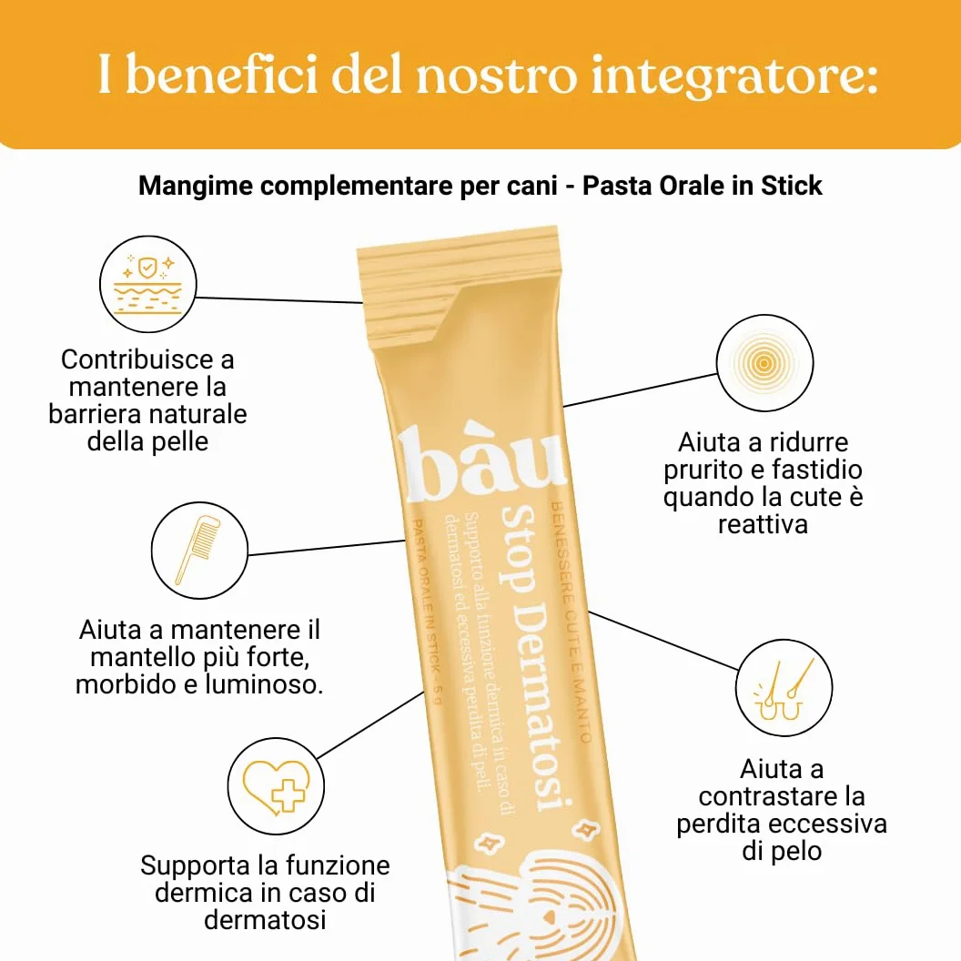 Bau Dermatite Cane e Prurito in Pasta – Stop Dermatosi Integratore Pelle e Mantello – per Perdita Pelo, Cute Irritata e Forfora – Supporto Funzione Dermica in Stick Appetibili