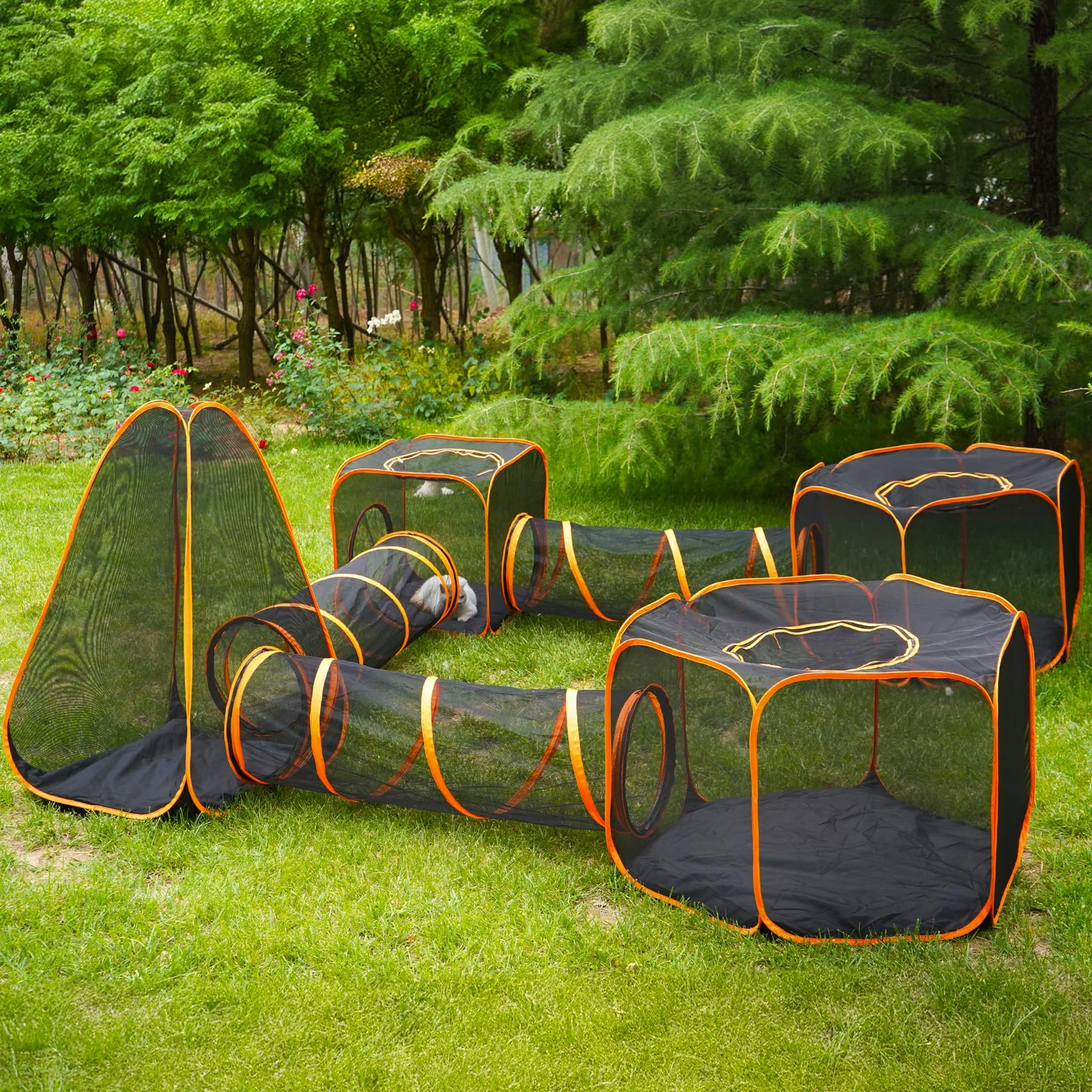 Recinzione pieghevole per gatti – Box portatile per gatti con tenda a rete e tre tunnel (7 in 1)