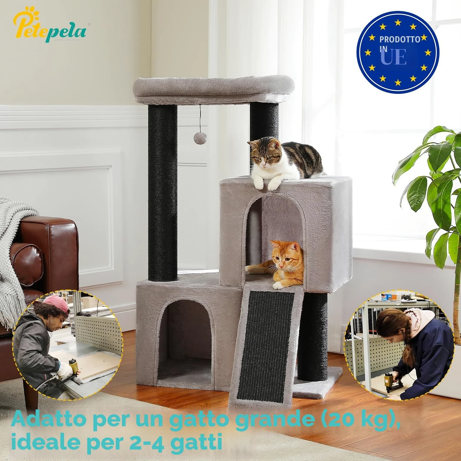 PETEPELA Grande tiragraffi spessore 11 cm tronchi con doppia grotta estremamente grande, completamente rivestito in sisal, adatto per gatti di grandi dimensioni, 114 cm, colore: nero/grigio
