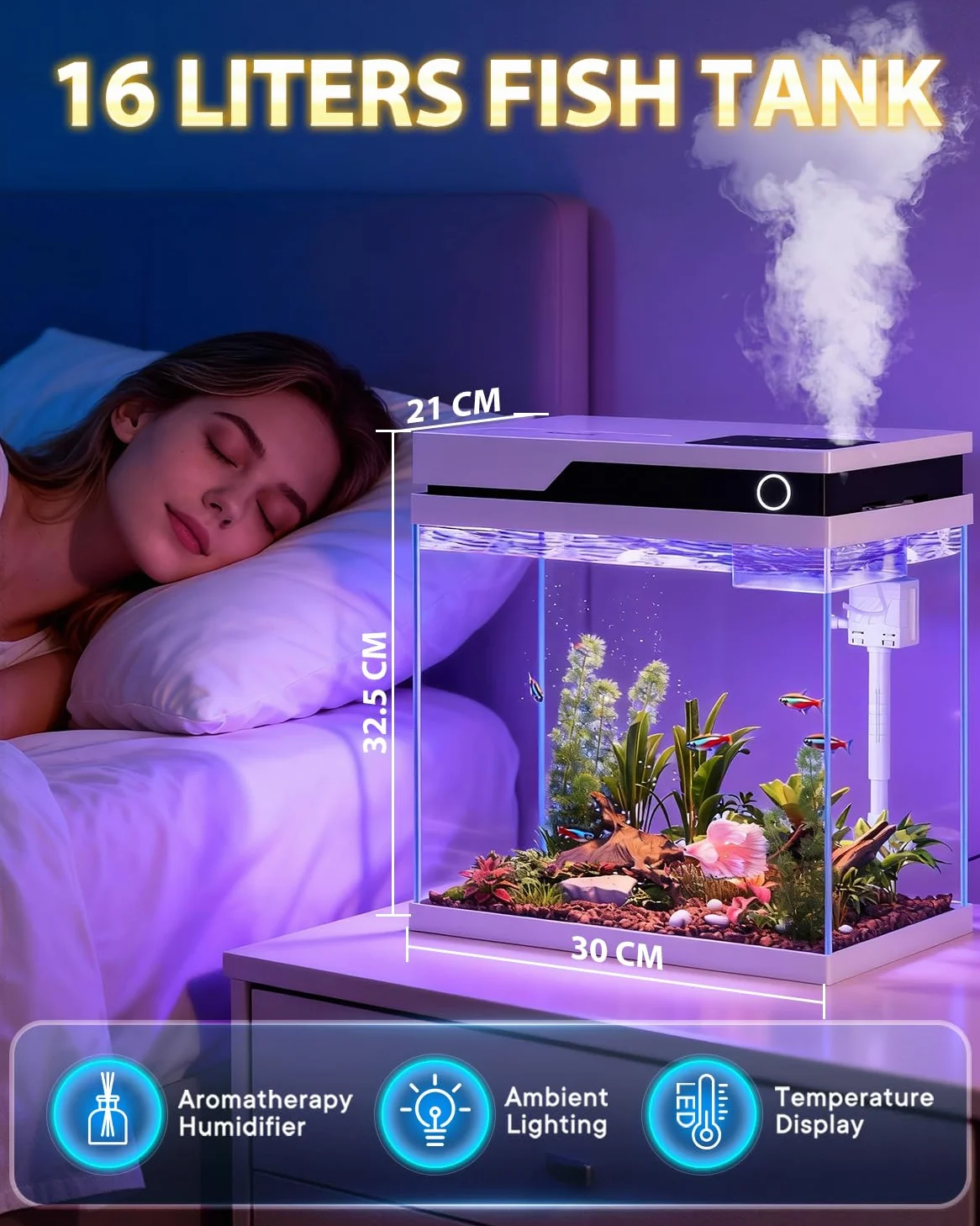 Vehipa Acquario per Pesci Rossi da 16L, Completo Acquario con Alimentatore Automatico, Pompa Silenziosa 4 in 1, Illuminazione Regolabile, Display della Temperatura e Umidificatore