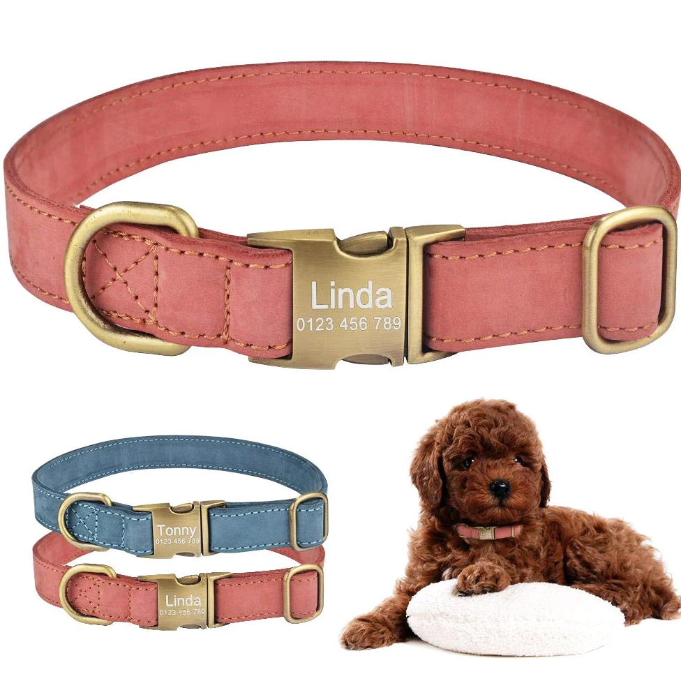 Collare per Cane in Pelle con Nome Personalizzato per Cucciolo, Fibbia per Ragazza Ragazzo con Incisione Personalizzata SL-Blue_L_ (36-55_cm)