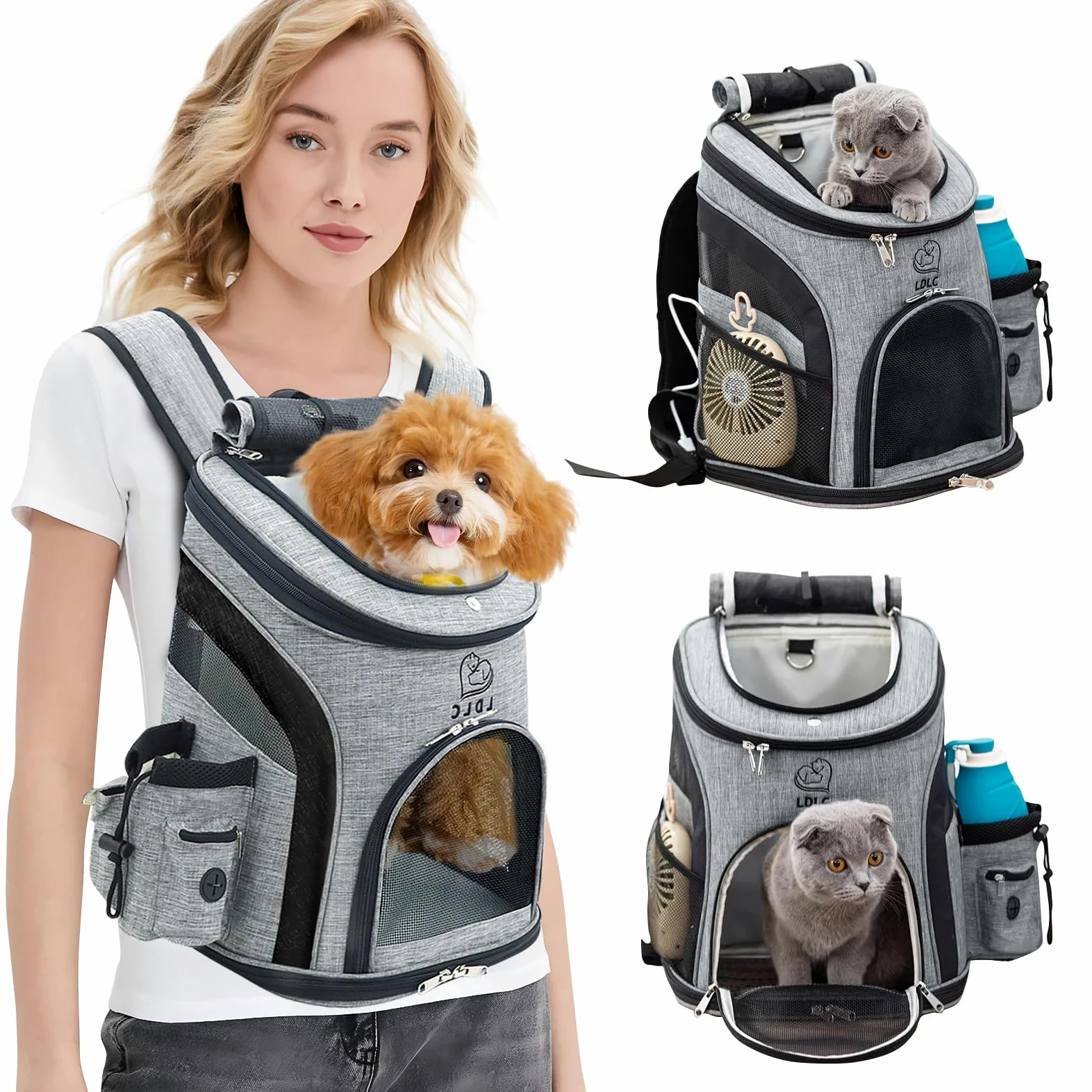 PETCUTE Zaino per Cani Traspirante,Borsa Trasportino Gatti con Cinturino di Sicurezza,Zaini Trasporto Cane Portatile con Tasche Laterali,Regolabile Zaino Gatto per Viaggio Campeggio