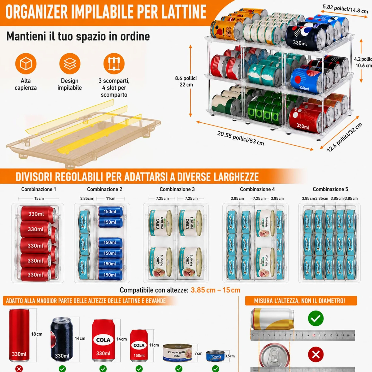 Organizzatore per Lattine e Barattoli da Conserva per Dispensa – Distributore a 3 Livelli Impilabile per Armadio Cucina e Frigo – Sistema di Conservazione Regolabile per Conserve, Bibite e